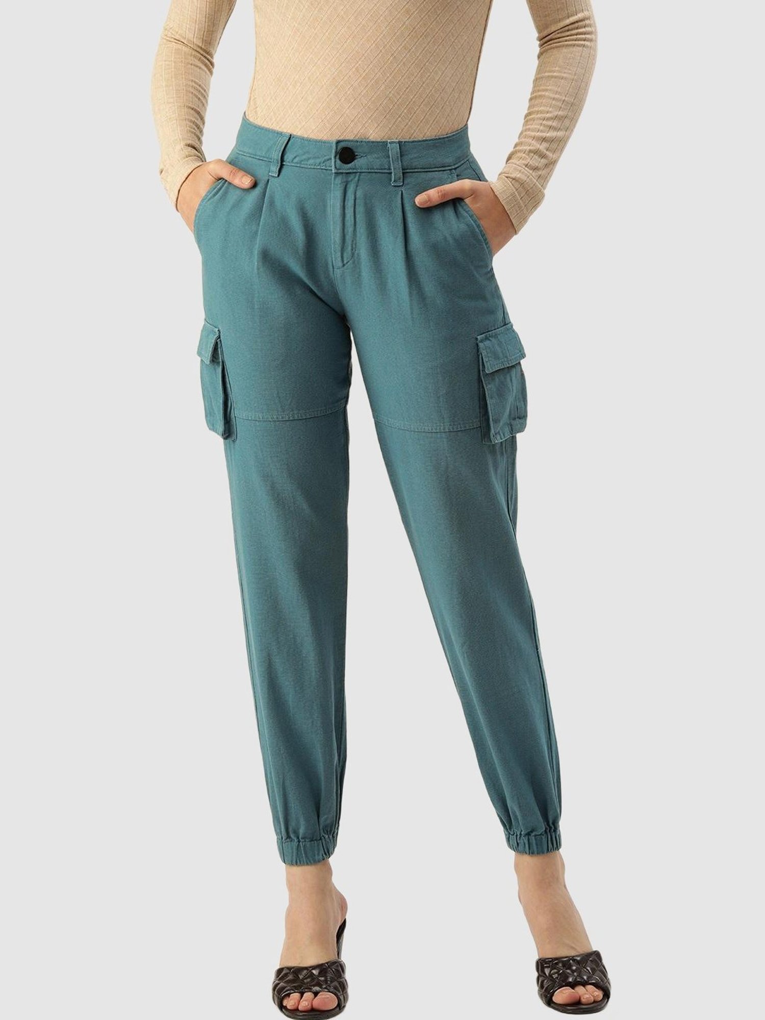 IVOC Teal Cotton Regular Fit Mid Rise Joggers