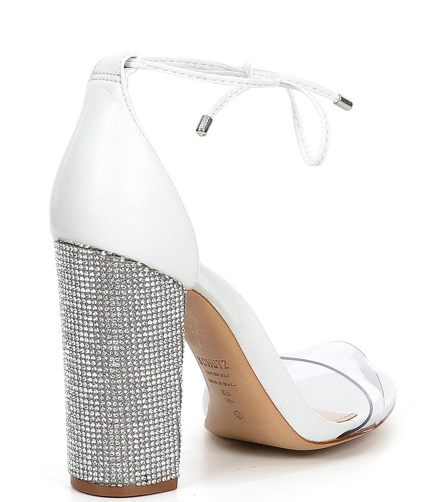 Schutz Anahe Ankle Tie Clear Strap Leather Rhinestone Block Heel Sandals