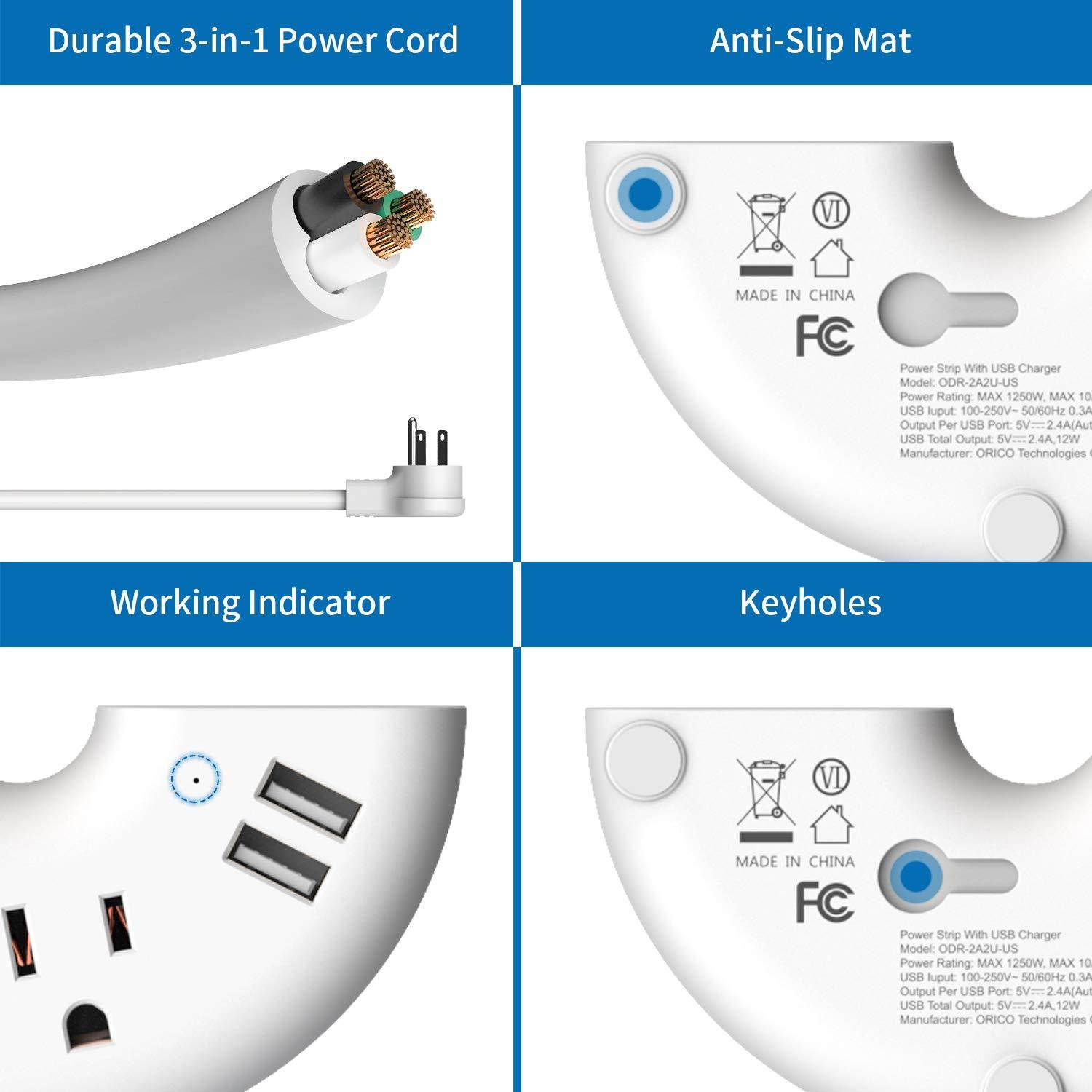 Power Strip Long Cord, with USB/Flat Plug/ 10ft Extension Cord, Mountable Portable Non Surge Protector for Home and Travel, 2 AC Outlets Semicircle - White
