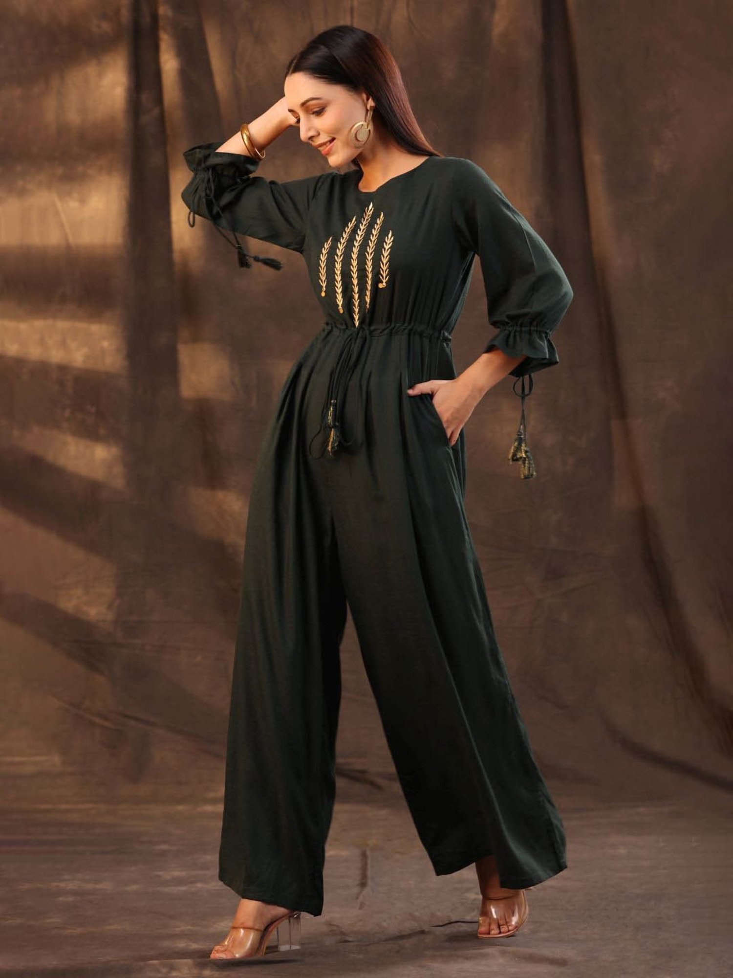 Juniper Jade Green Ethnic Motif Printed Rayon Slub Jumpsuit With Zari Work Embroidery