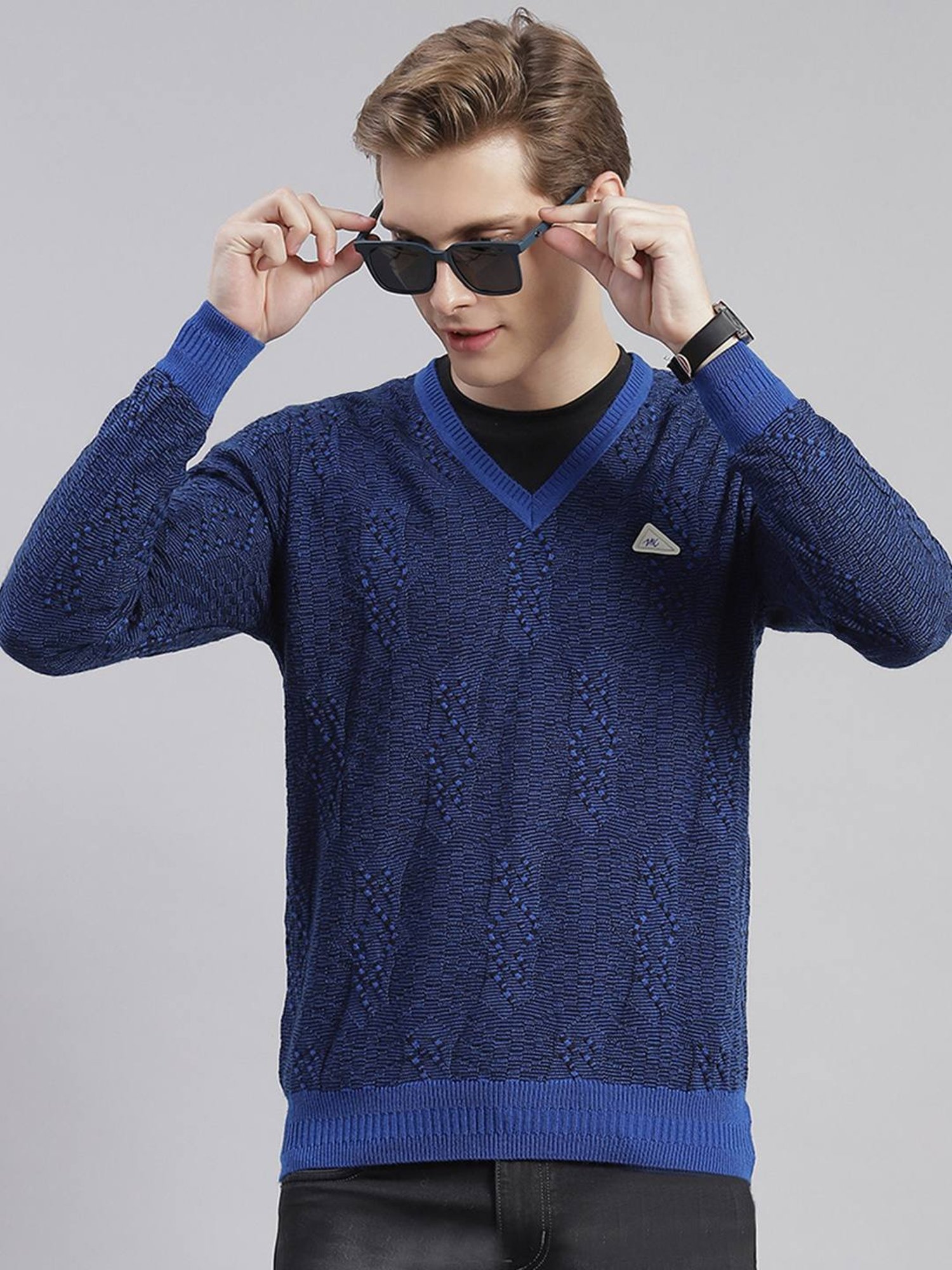 Monte Carlo Royal Blue Regular Fit Self Pattern Sweater