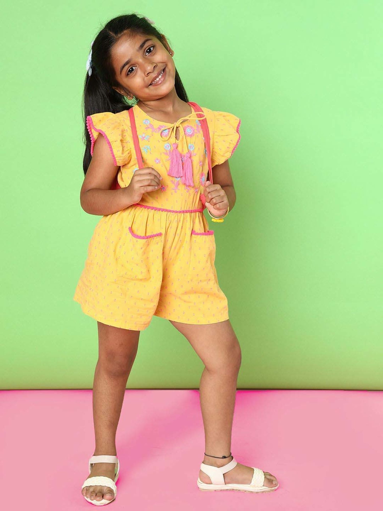 Nauti Nati Kids Yellow Cotton Printed Jumpsuit