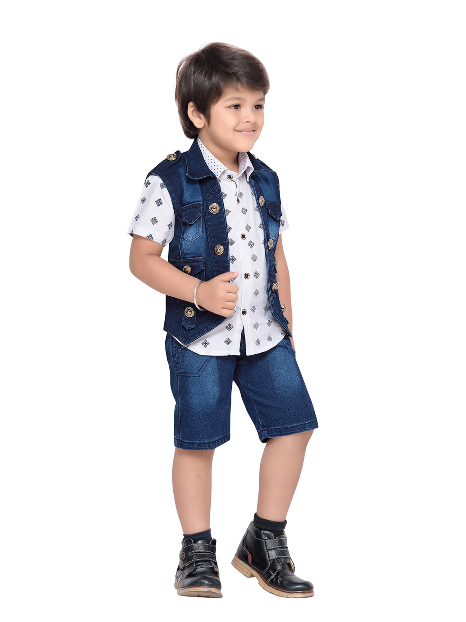 AJ Dezines Kids Sky Blue & Black Solid Full Sleeves Shirt, Pants, Coat, Waistcoat with Tie
