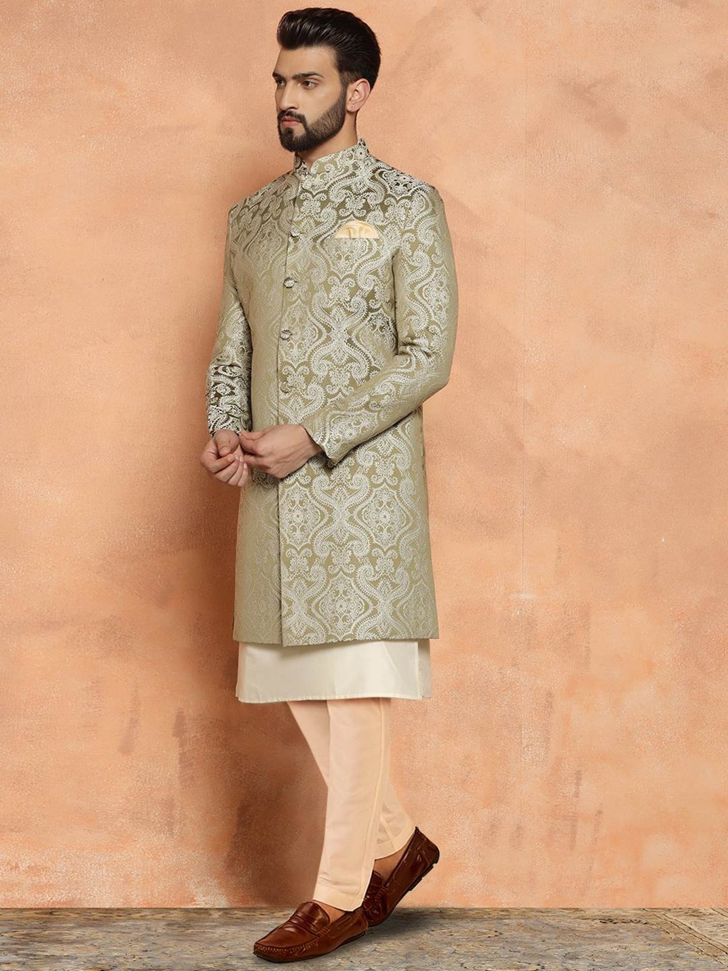 Kisah Beige & Green Regular Fit Jacquard Sherwani Set