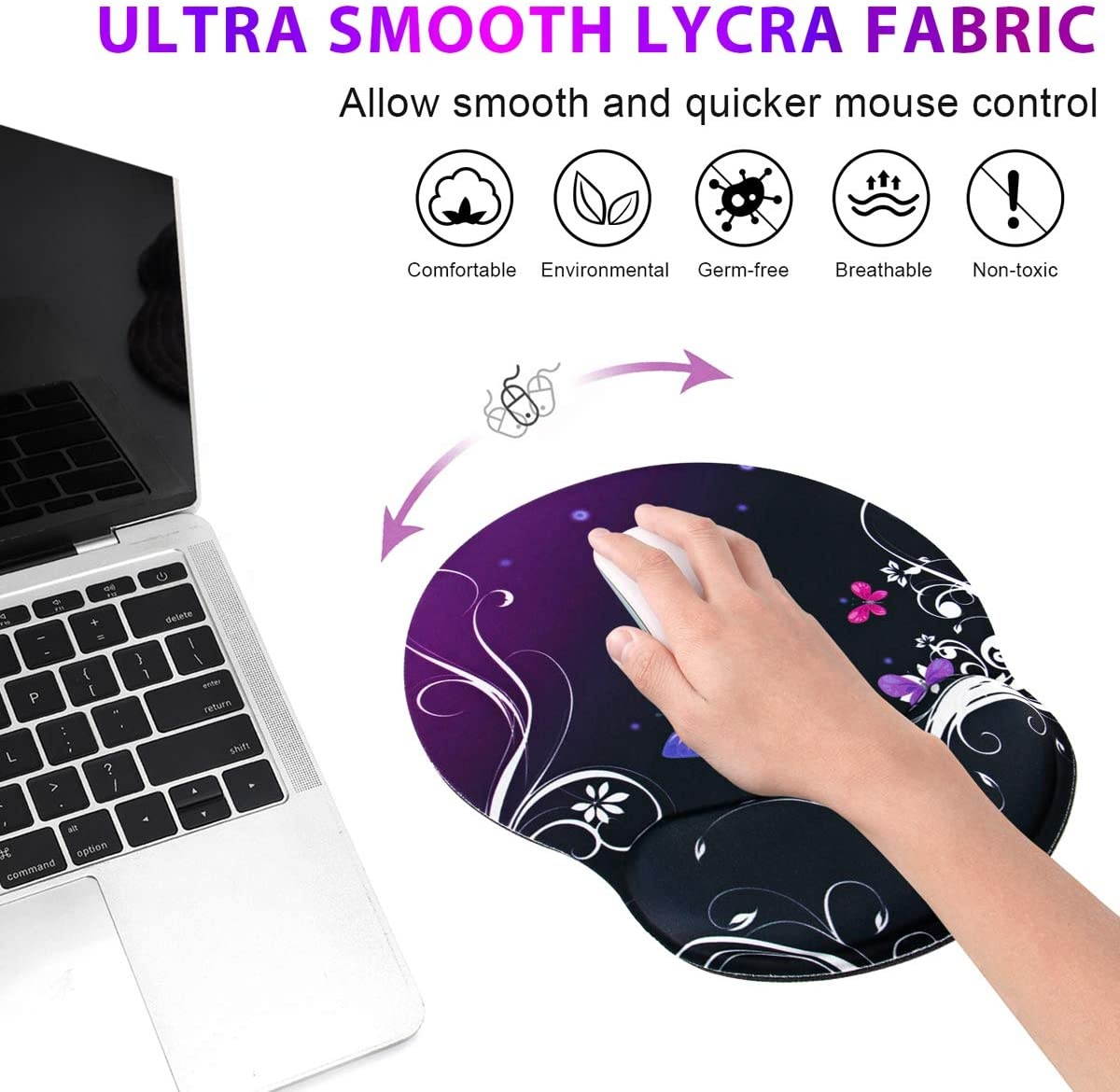 Mouse Pad Wrist Rest Support, ToLuLu Gel Ergonomic Mouse Pads with Non Slip Rubber Base Memory Foam Support, Mouse Wrist Rest Pad for Laptop Computer Home Office Working Pain Relief, Purple Butterfly