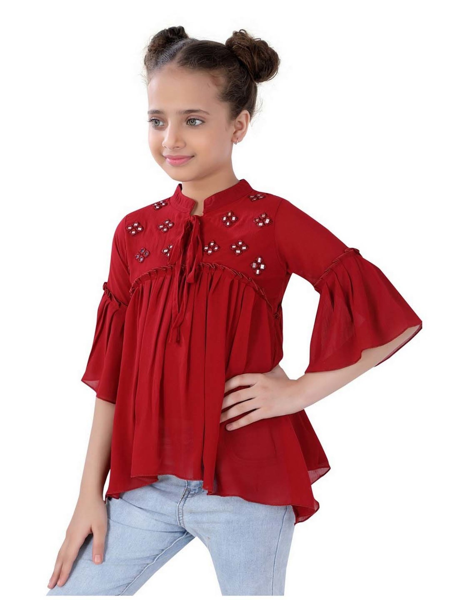 poplins Kids Maroon Cotton Embellished Top