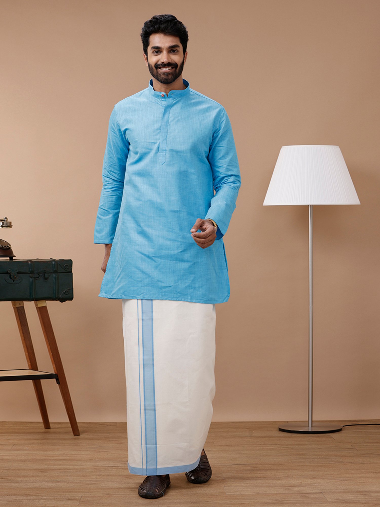 Ramraj Blue Cotton Regular Fit Kurta Set with Bottom