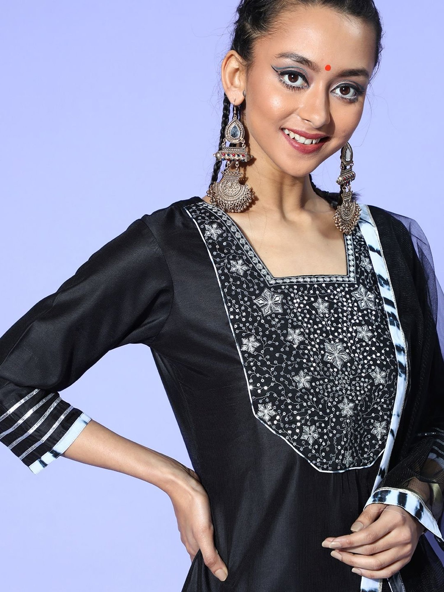 Indo Era Black & Blue Embellished Kurta Palazzo Set With Dupatta