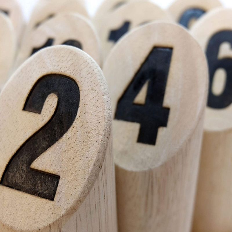 YardGames Hardwood Outdoor Target Toss Lawn Game Scatter Skittles Set with Burned Numbers and Reinforced Carrying Case