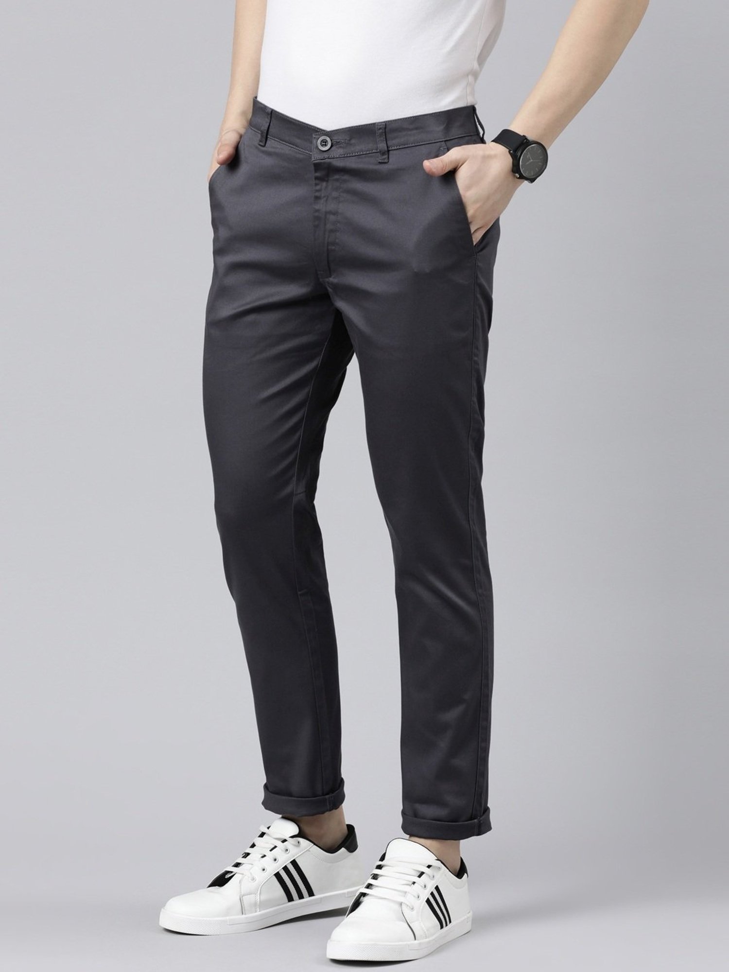 CINOCCI Grey Cotton Slim Fit Chinos