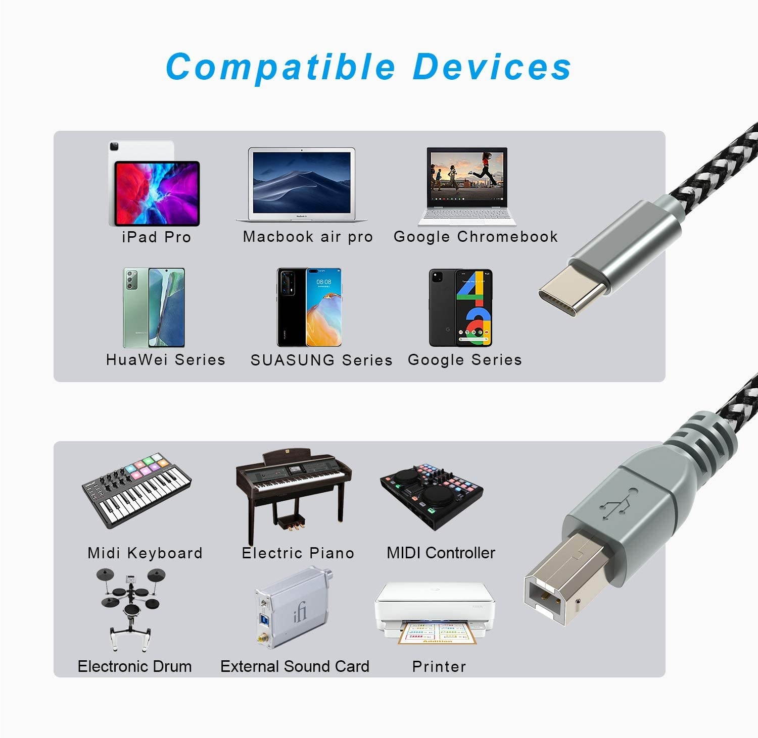 MIDI Cable for iPad ProUSB C to USB B MIDI OTG Cord Type C Printer Cable for MacBook/iPad Pro/Samsung/Google/LaptopWork with Electronic Music Instrument/Piano/Midi Keyboard