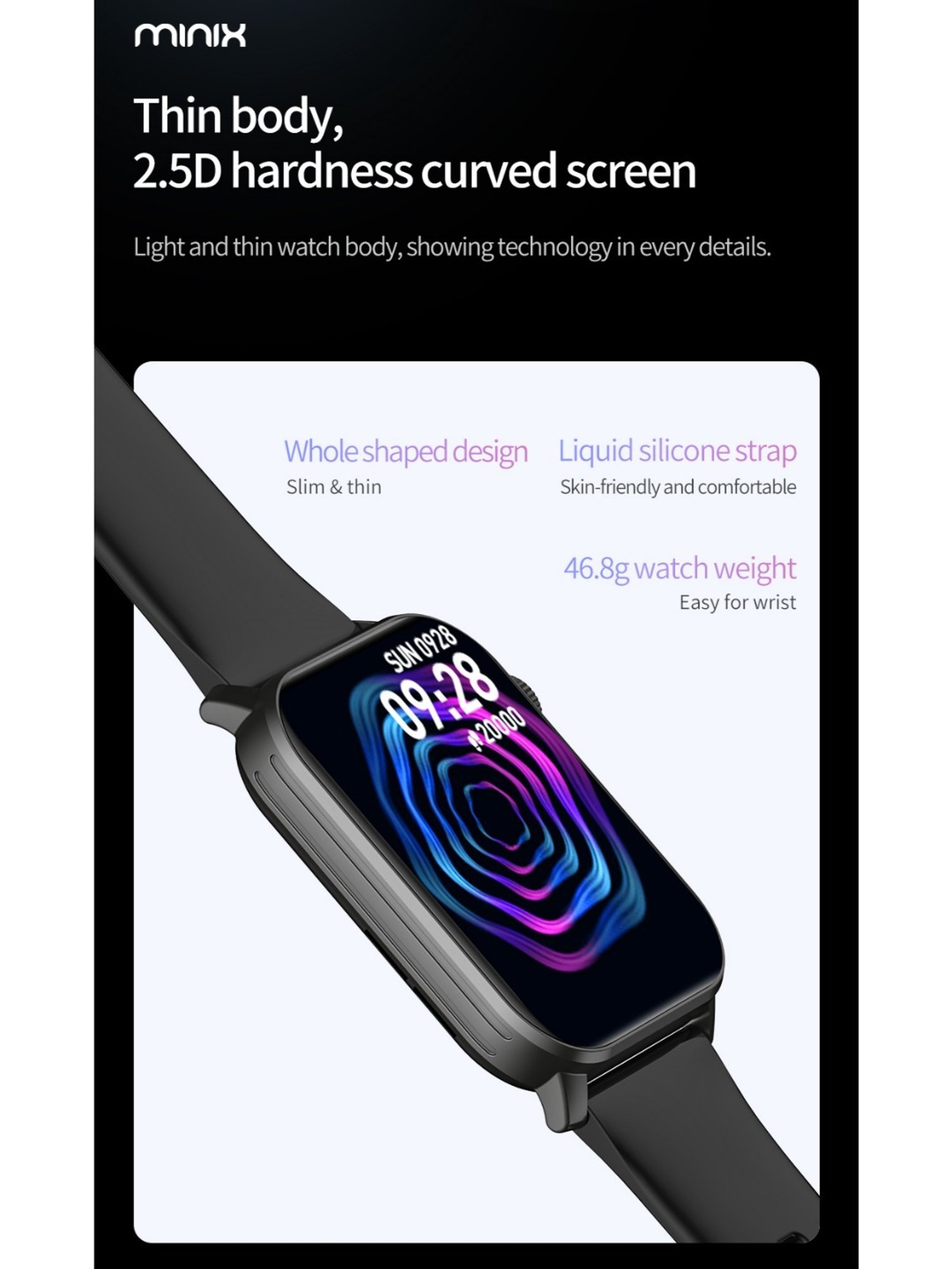 MINIX Spark BT Calling smartwatch with 1.69" HD Display, 330 mAh Battery, Extra Metal Strap, Black