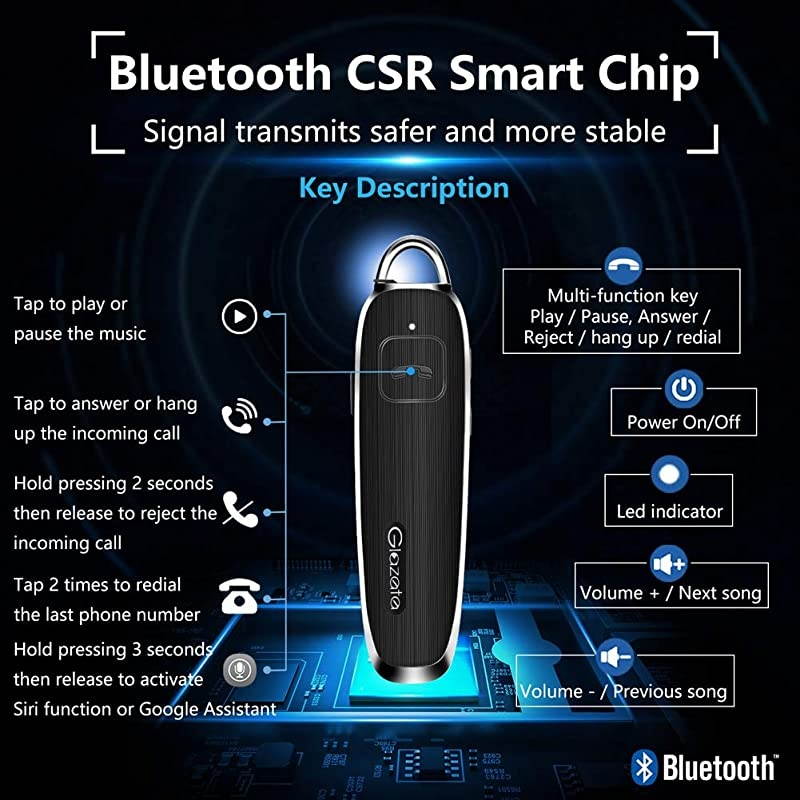 Bluetooth Earpiece Waterproof Wireless Headphone with Noise Cancelling Mic 30Hrs Talking inEar Headset HandsFree for iPhone Samsung DriverTrucker