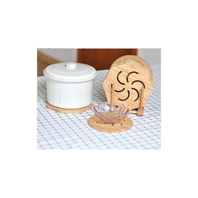 Natural Bamboo Trivet Mat Set,storage rack Anti-Hot Heat Resistant Pads for Hot Dishes/Pot/Bowl/Teapot/Hot Pot Holders(2 side.2 circle.1 storage rack.) (Bamboo Trivet - 6 pac)
