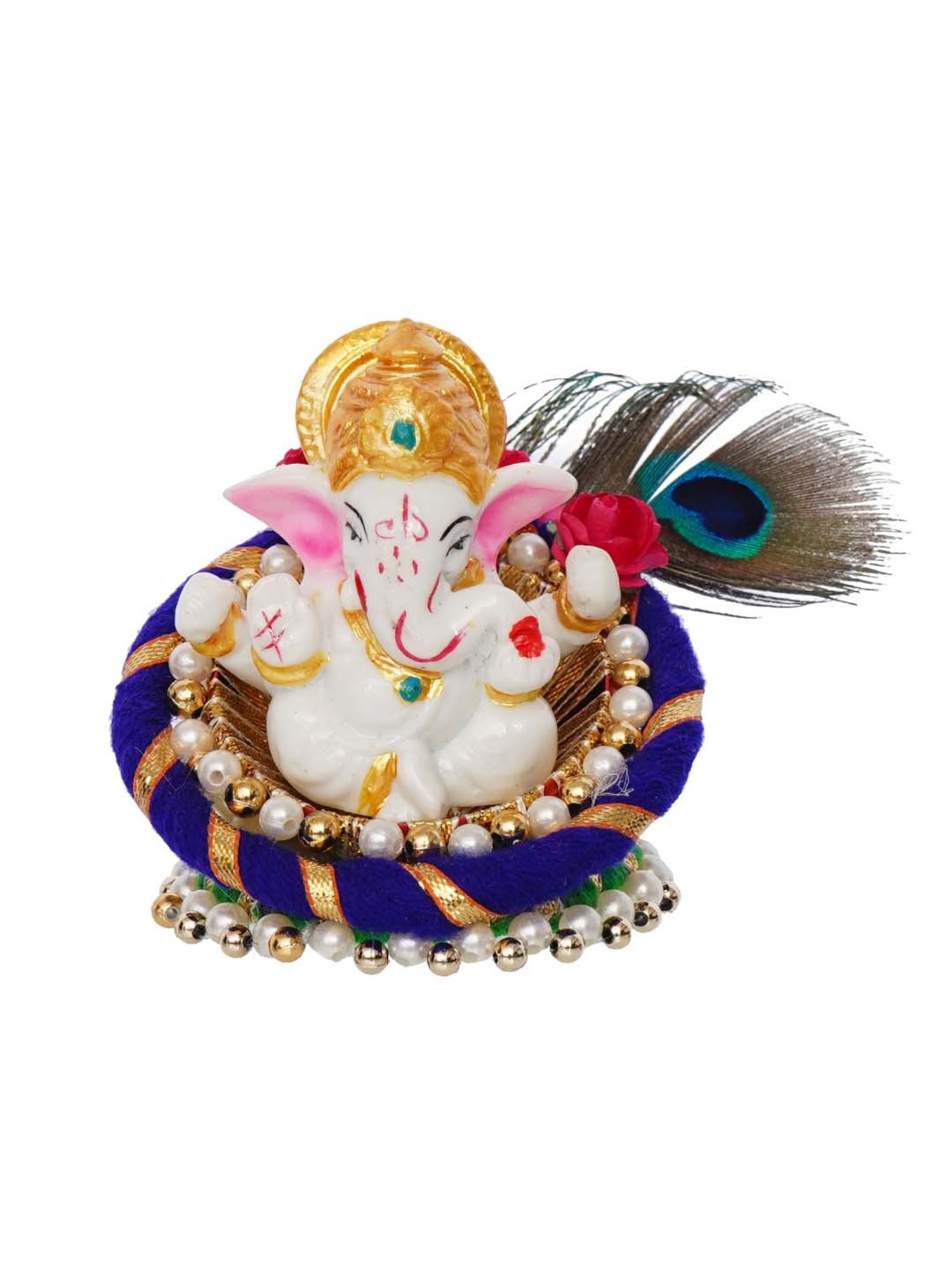 eCraftIndia Lord Ganesha Idol on Decorative Handcrafted Floral Plate for Home and Car