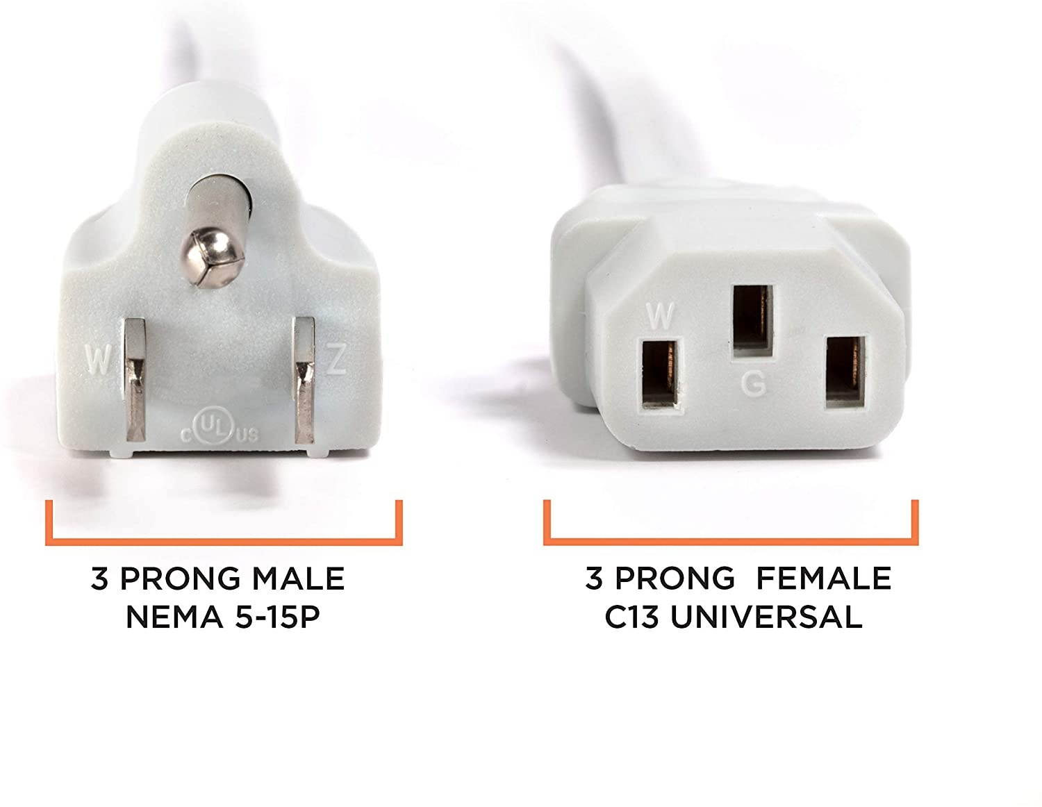AC Power Cord (3 Prong) | 10 Feet, White | Premium Quality Copper Wire Core - Computer, Medical, Server & Desktop - NEMA 5-15 to C13 / IEC 320 - UL Listed Power Cable