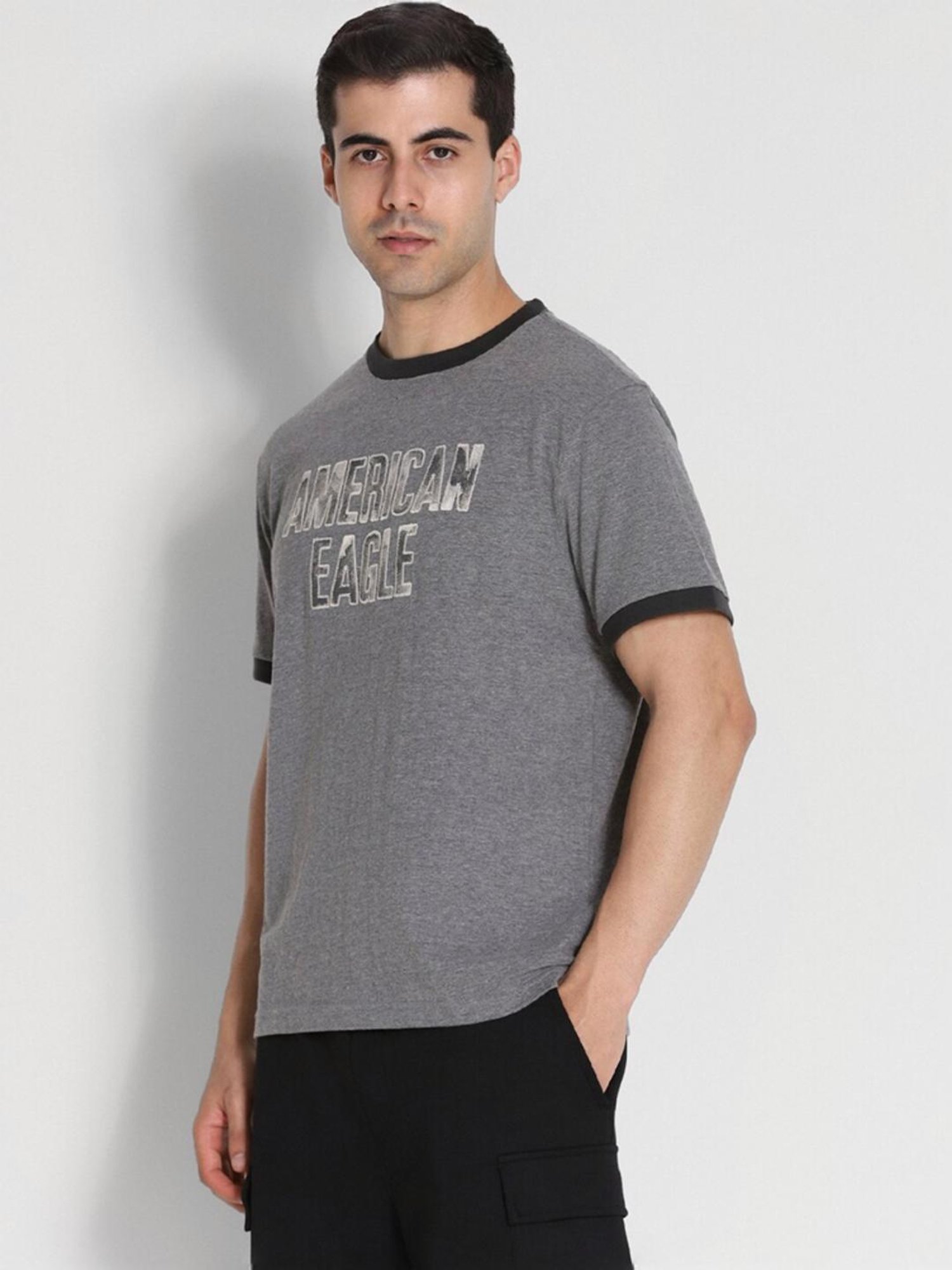 American Eagle Grey Regular Fit Logo Printed T-Shirt