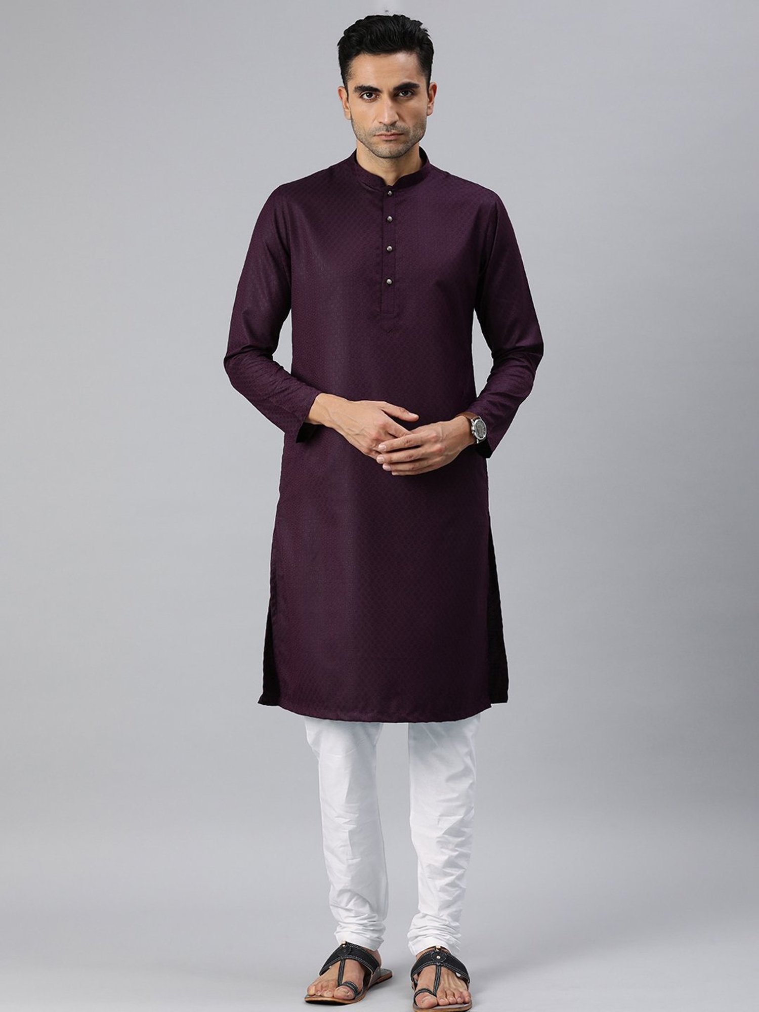 Manthan Wine & White Regular Fit Self Design Kurta & Churidar Set