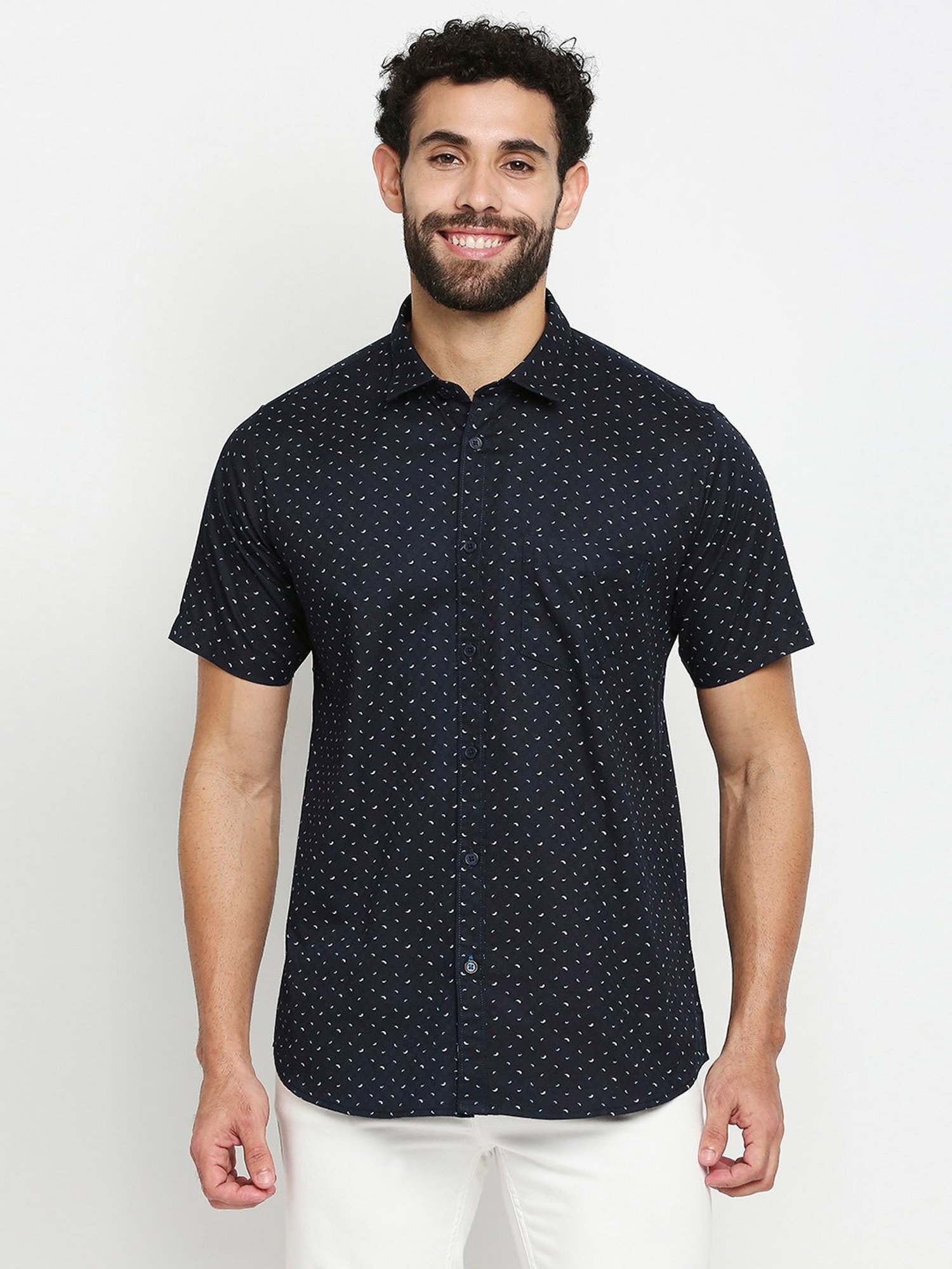 SOLEMIO Navy Slim Fit Printed Cotton Shirt