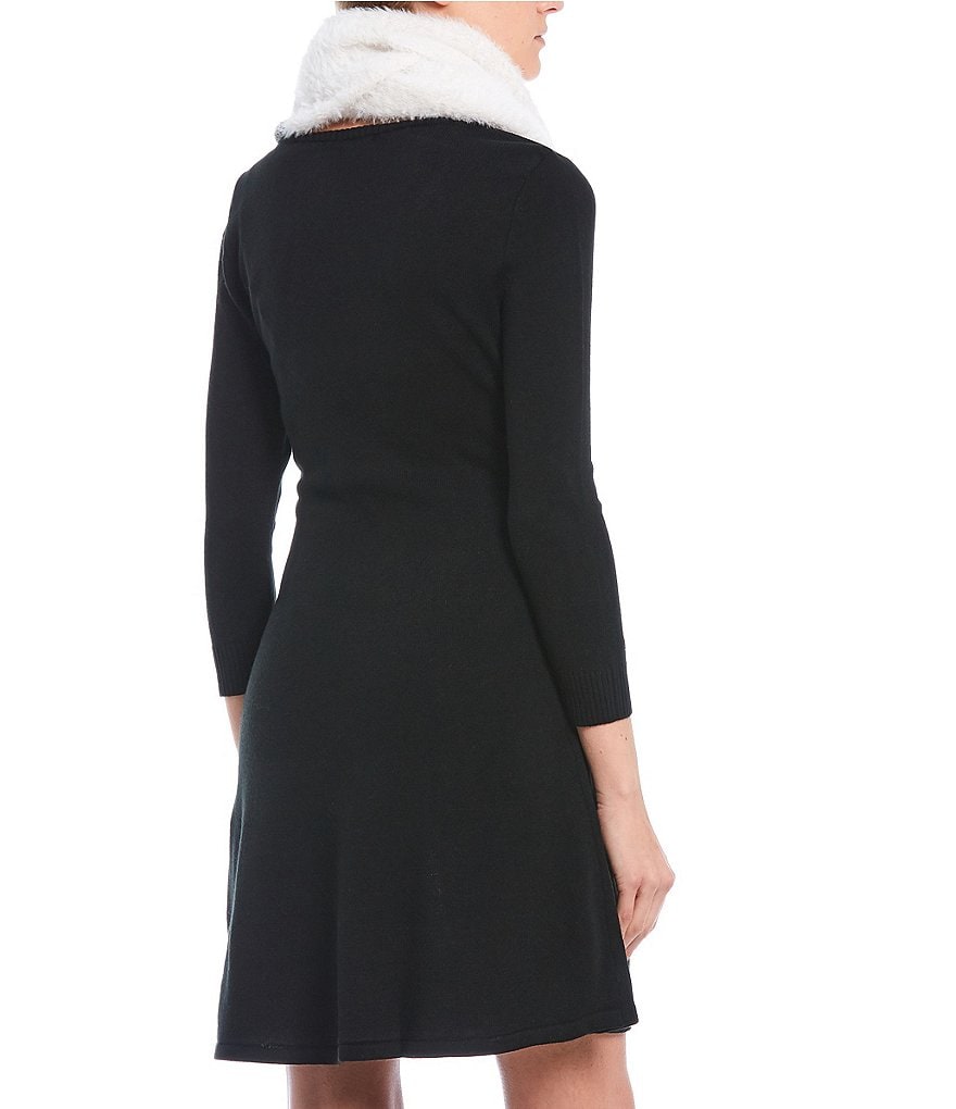 Midnight Doll 3/4 Sleeve Color-Block Scarf A-Line Sweater Dress