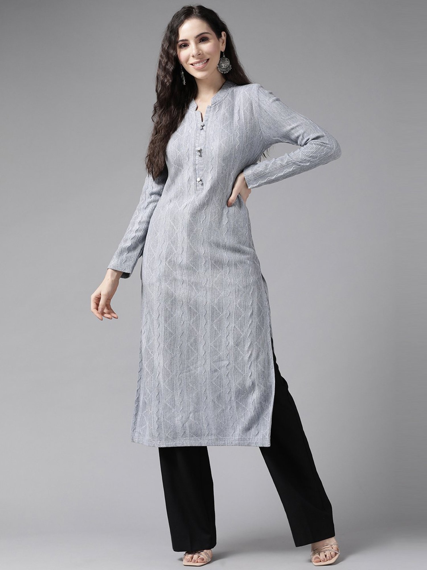 Cayman Grey Striped Straight Kurta