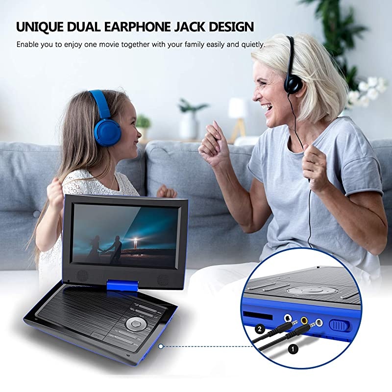 11 Portable DVD Player for Car with 95 Inch HD Swivel Screen 5 Hours Rechargeable Battery Dual Earphone Jack Supports SD CardUSBCDDVD with Extra Headrest Mount Case Blue