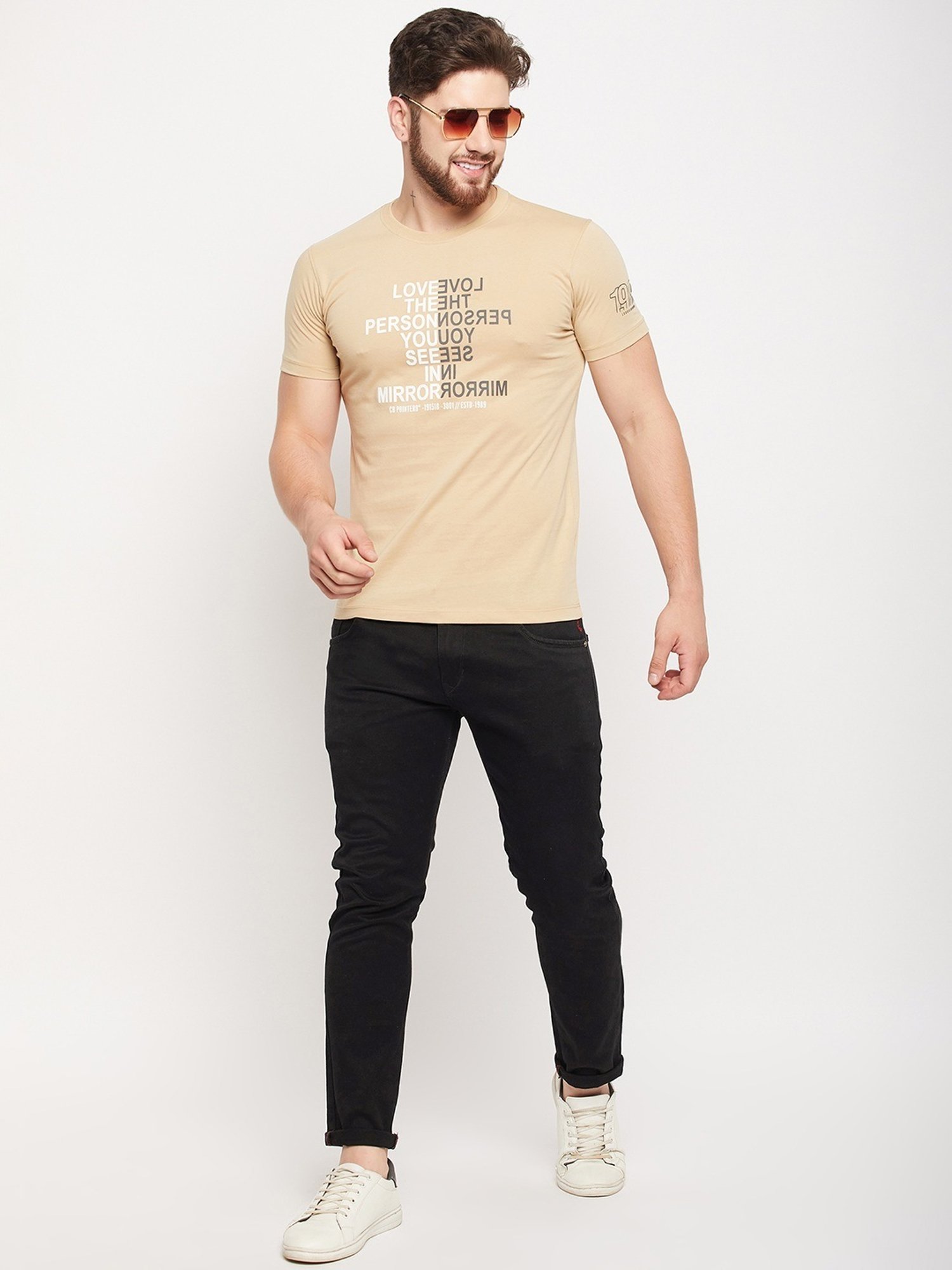 Cantabil Beige Regular Fit Printed T-Shirt