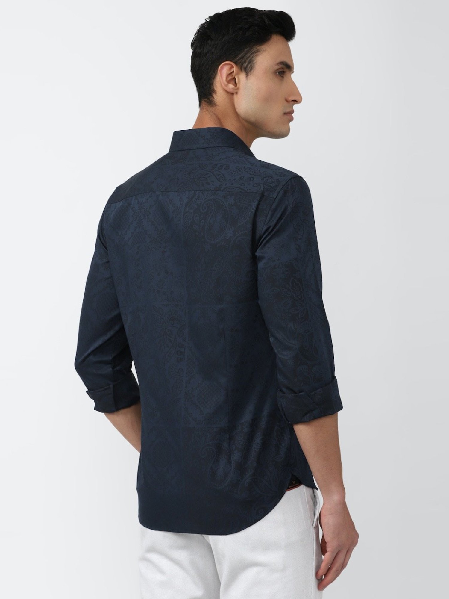 V Dot Navy Cotton Slim Fit Printed Shirt