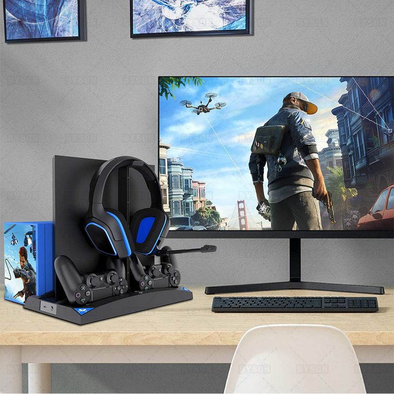 Ackmioxy PS4 Cooling Fan Vertical Cooling Stand Compatible with Ps4 Pro/Ps4 Slim/ Ps4, with 2 Controller Charger Station, 17 Games Storage Slot, 1 Headset Storage Holder