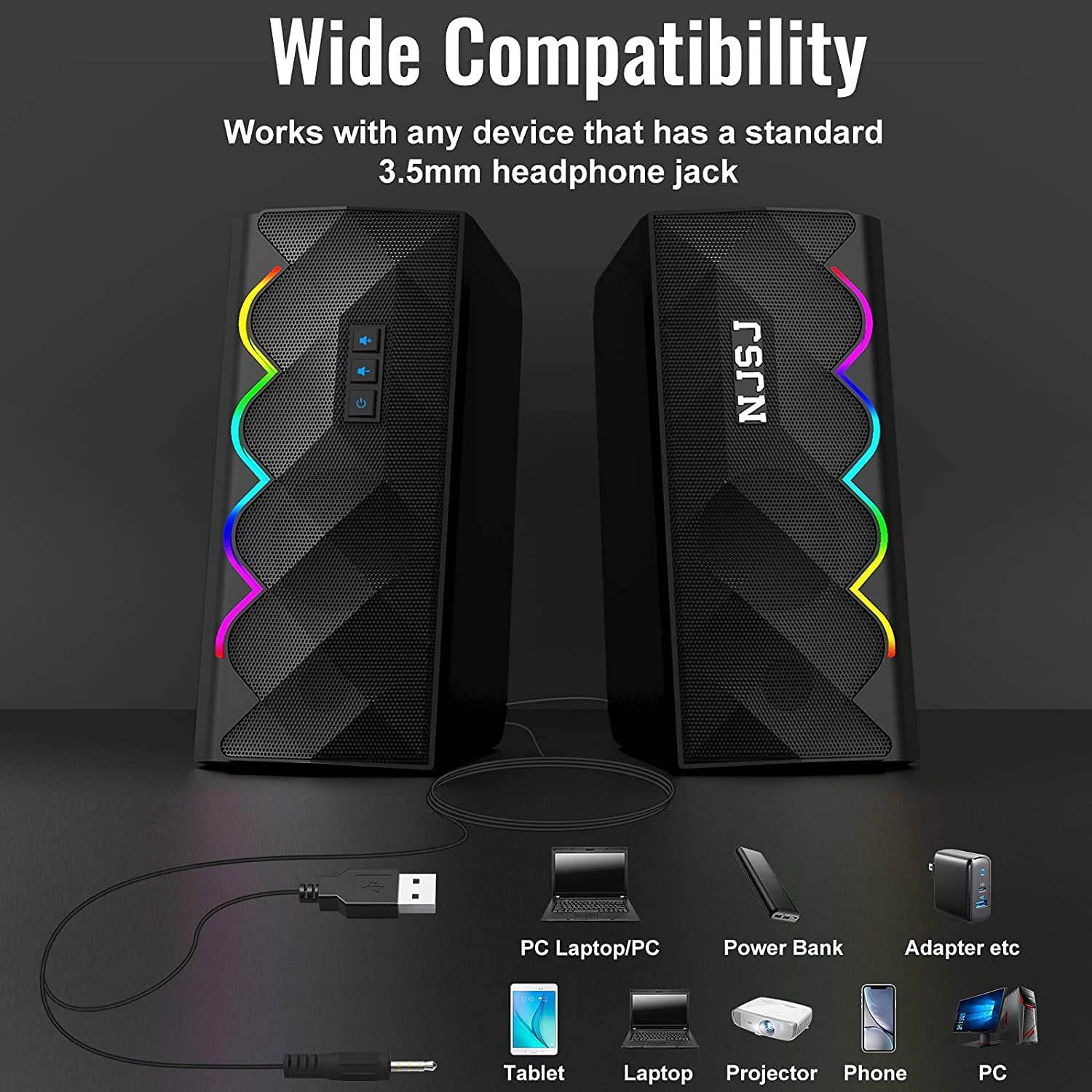 Computer Speakers for Desktop,USB Powered RGB Gaming PC Speakers Bluetooth Wireless & 3.5mm Aux Connection w/ 6 Colorful LED Modes for Mac Laptop Smartphone Tablet Game Console MP3