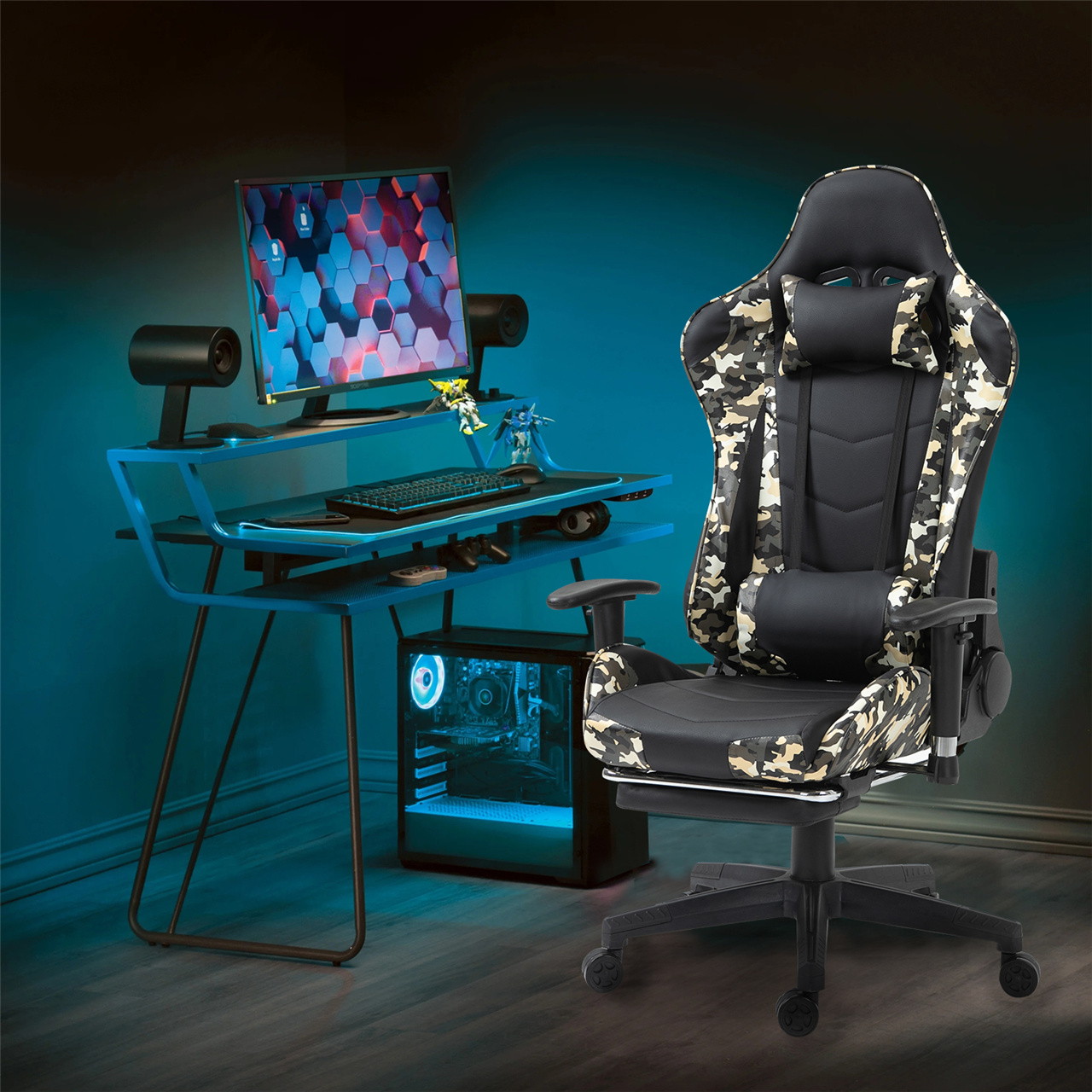 Labradores Gaming Chair Office Chair PC Chair with Massage Lumbar Support, Racing Style PU Leather High Back Adjustable Swivel Task Chair with Footrest (Black&Red)