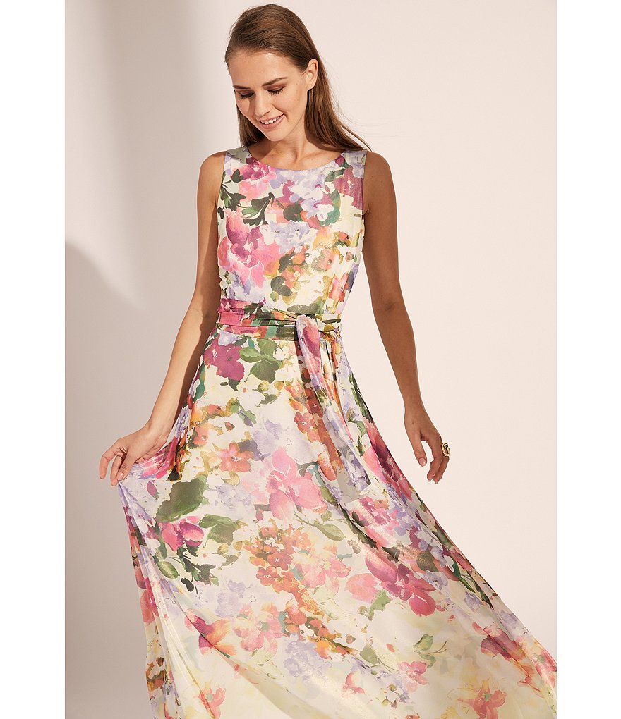 Tahari ASL Floral Foiled Chiffon Sleeveless Dress
