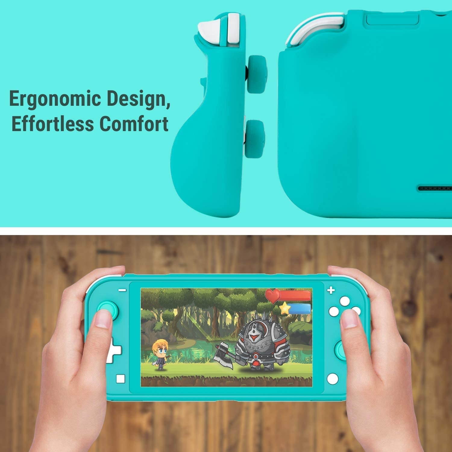 Orzly Grip Case for Nintendo Switch Lite &ndash; Case with Comfort Padded Hand Grips, Kickstand, Pack of Thumb Grips - Turquoise Blue