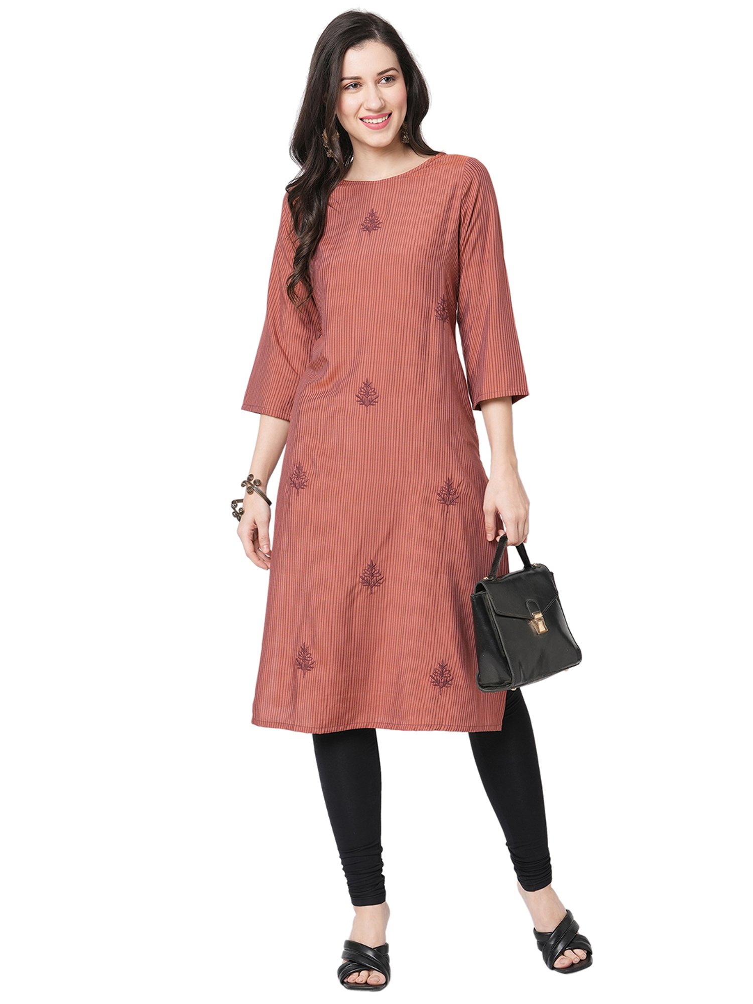 Fusion Beats Brick Red A Line Striped Kurta