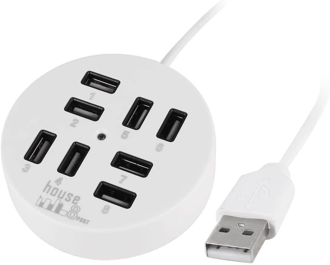 USB 8 Ports Box Multi Data Transmission USB 2.0 Hub Round Shape Multi-Port Splitter Charger Adapter Replacement with LED for USB Devices, Phone, USB Flash Disk, PC, Tablet (White)
