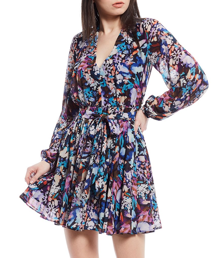 Belle Badgley Mischka Alison V-Neck Long Sleeve Chiffon A-Line Dress