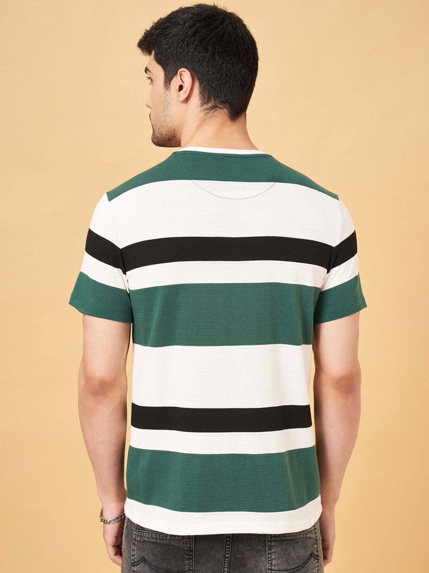 Sf Jeans By Pantaloons Green Slim Fit Striped T-Shirt