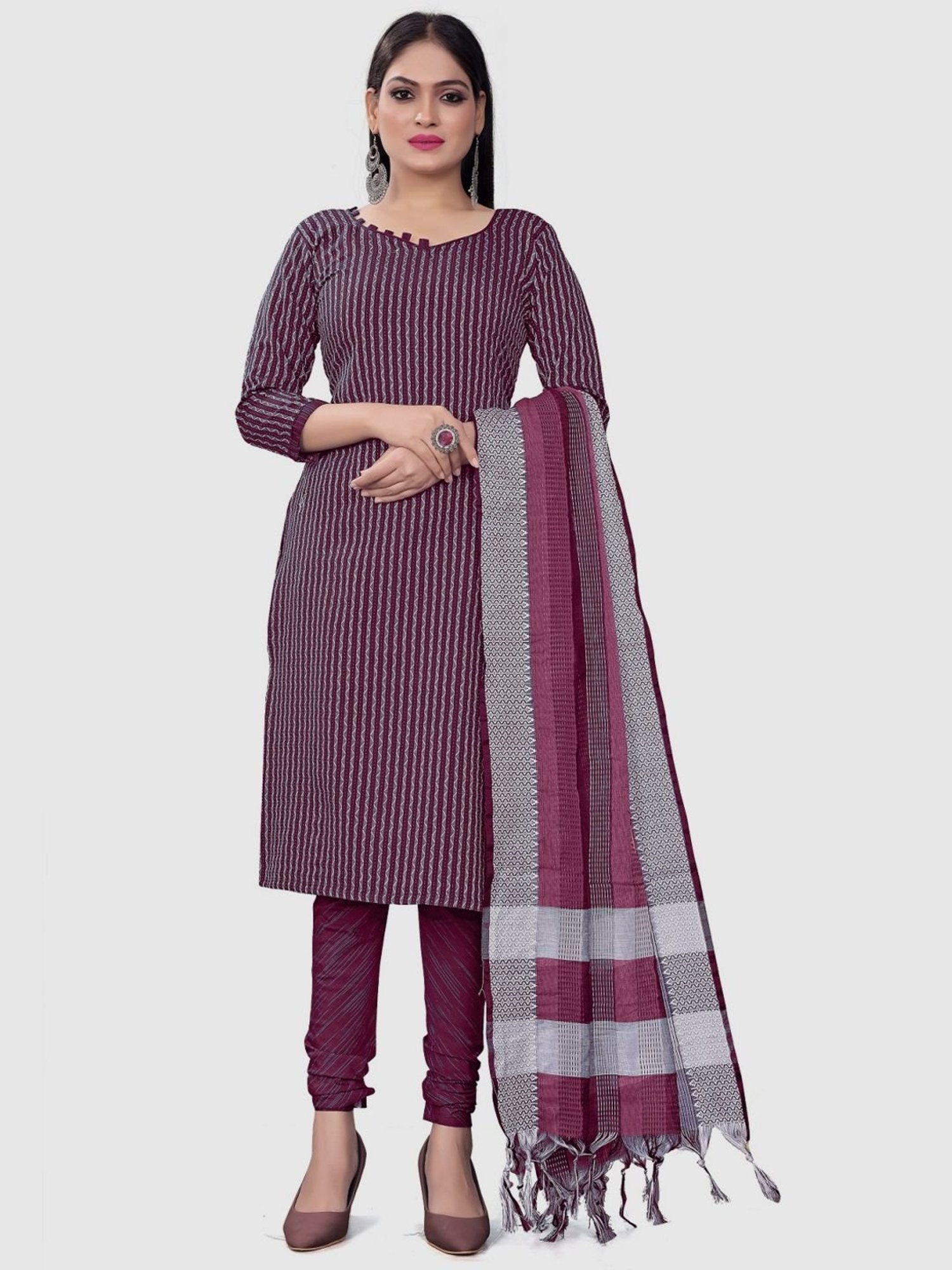 APNISHA Purple Cotton Striped Unstitched Dress Material