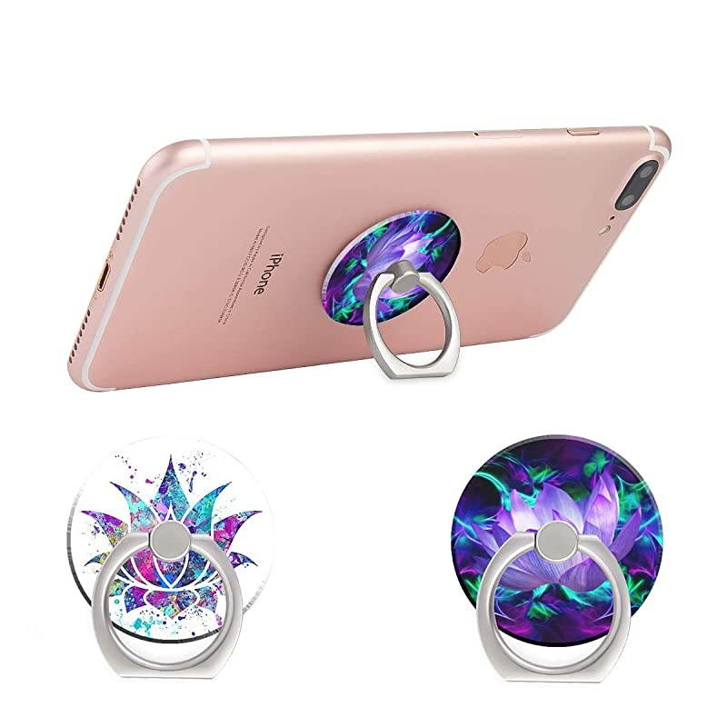 Phone Ring Holder 2PCS Metal 360&deg; Rotation Phone Grip Kickstand Universal Finger Ring Stand Compatible with All Smartphone Tablet Purple Lotus Flower