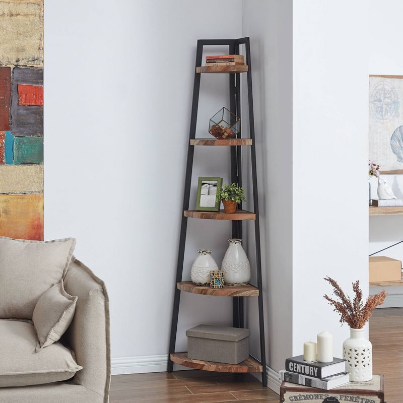 70" 5-Tier Corner Ladder Display Shelving Unit Metal & Distressed Wood - Danya B.
