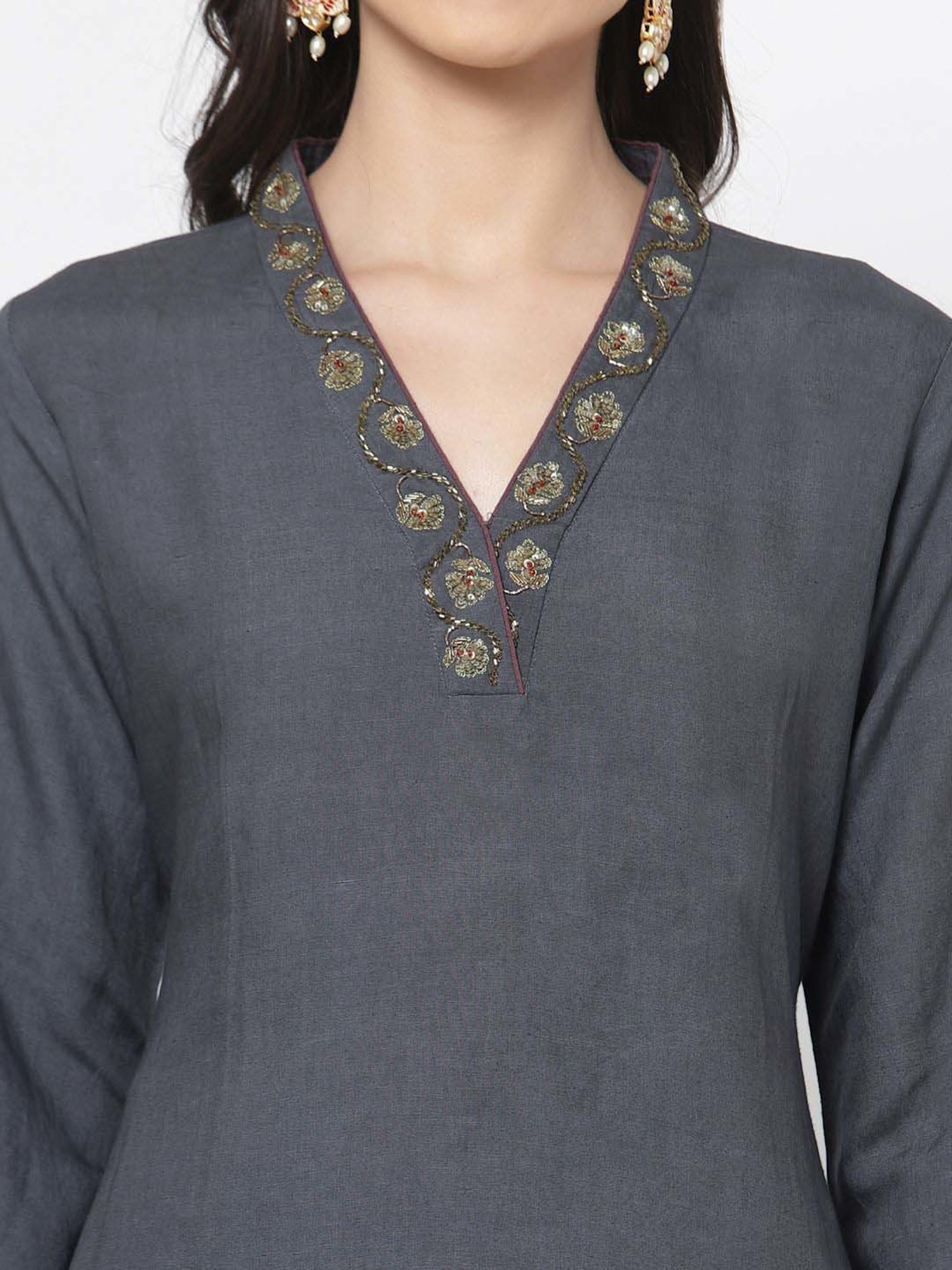 DART STUDIO Grey Linen Embroidered Straight Kurta