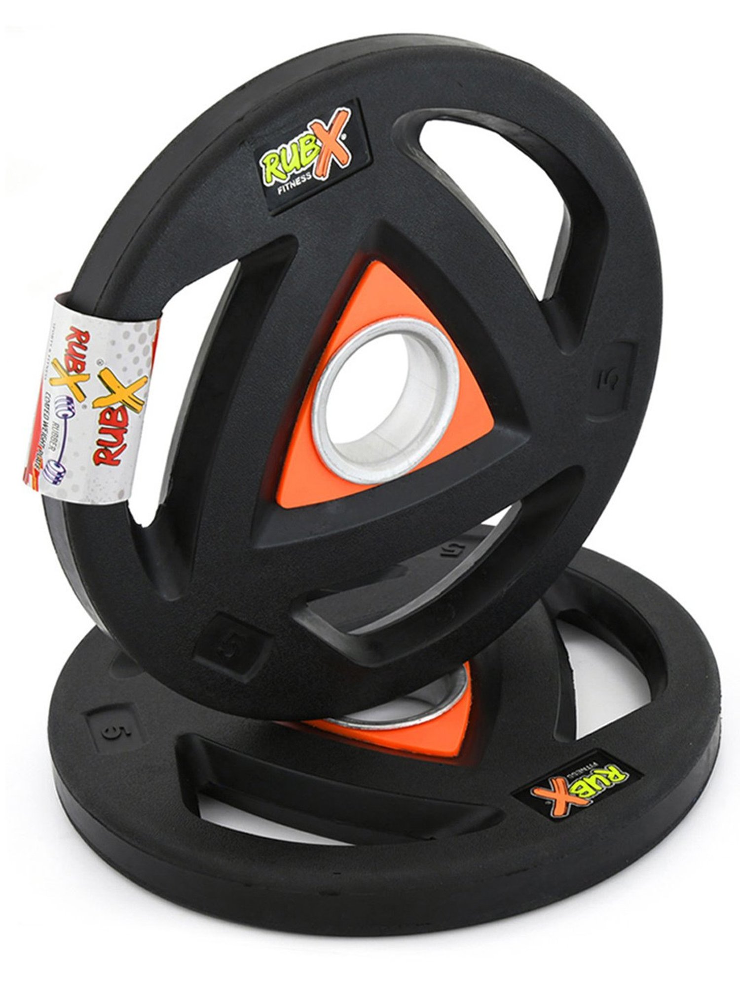 RUBX Rubber Coated Metal Integrated Tri-Grip Olympic Weight Plates 50 MM Center Hole Diameter (10)