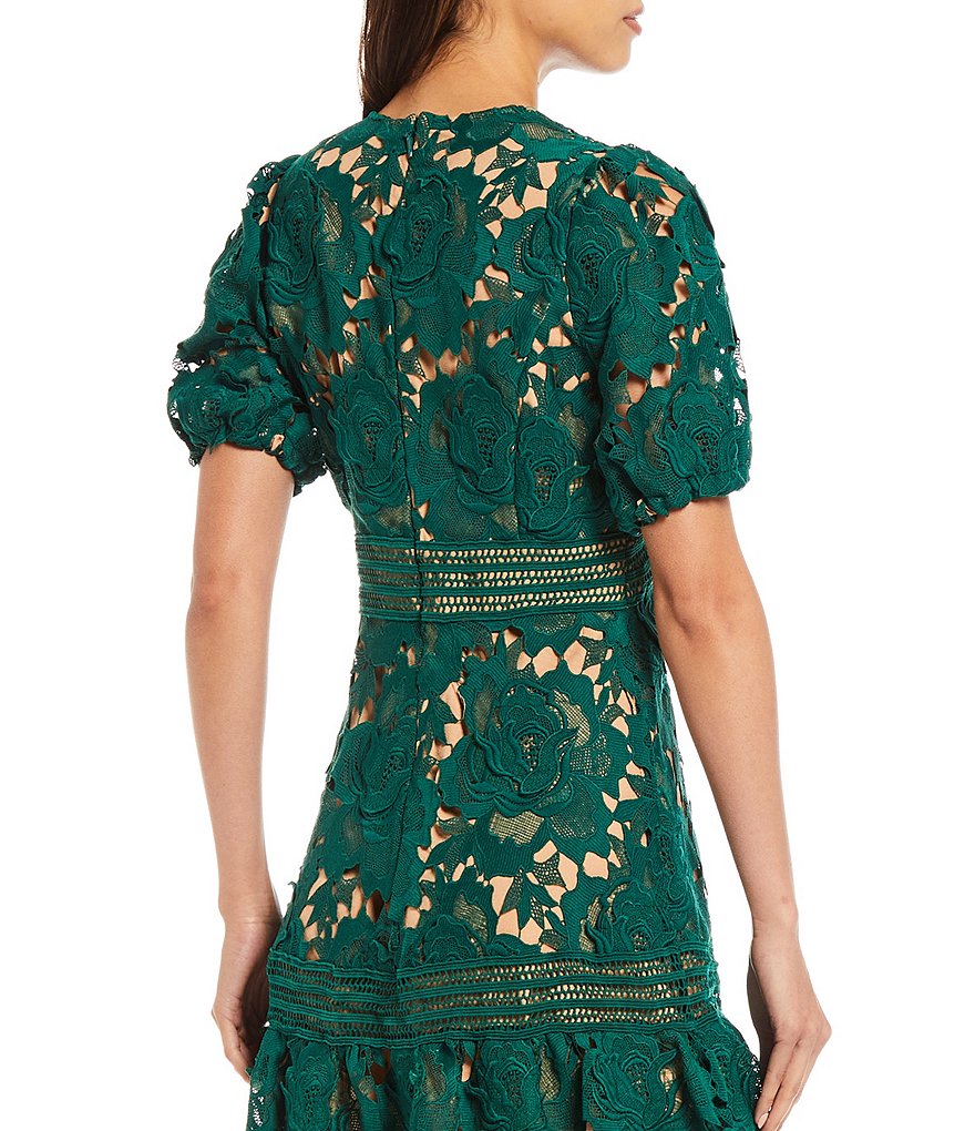 Adelyn Rae Plunge V-Neck Lace Short Sleeve A-Line Mini Dress