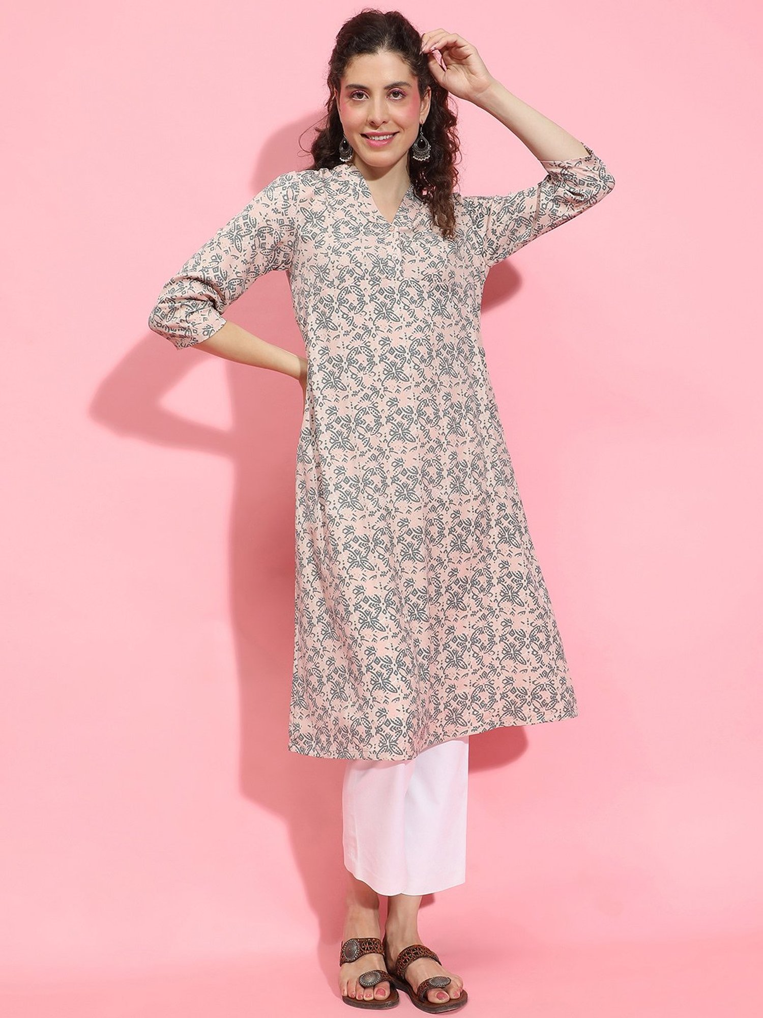 Oxolloxo Light Pink & Grey Printed Kurta