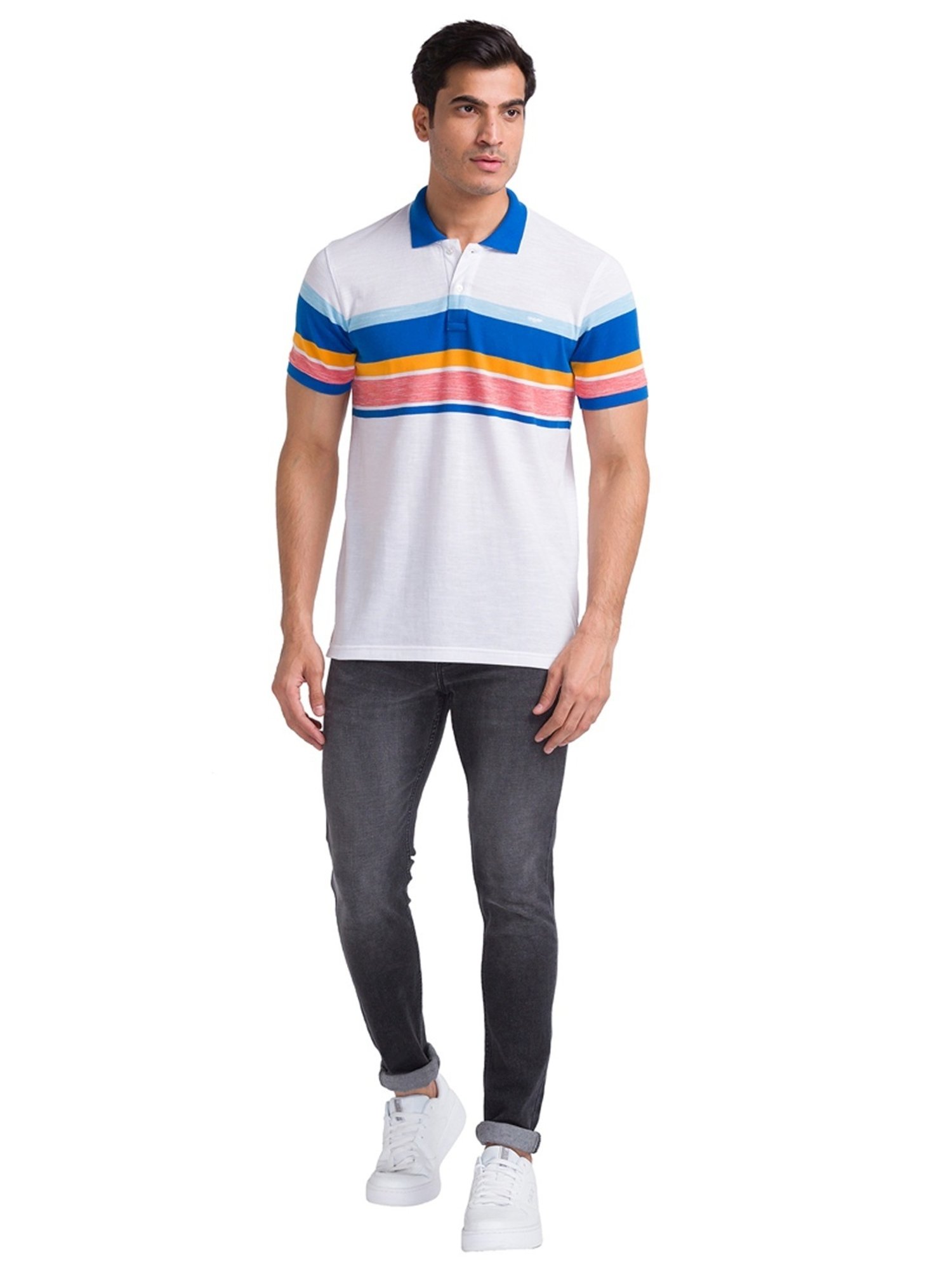 Park Avenue Blue Slim Fit Striped Polo T-Shirt