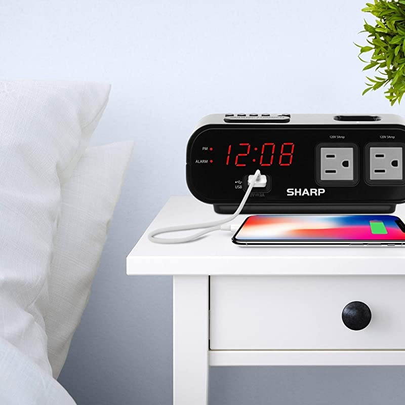 Digital Alarm Clock with 2X Power Outlets with Surge Protect and Rapid Charge USB Port Grey Outlets