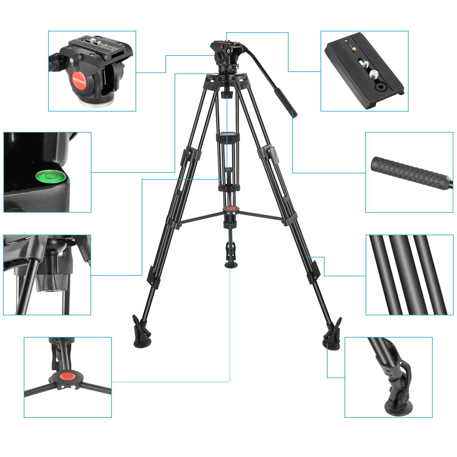 Neewer Professional Heavy Duty Video Camera Tripod,64 inches/163 centimeters Aluminum Alloy with 360 Degree Fluid Drag Head,1/4 and 3/8-inch Quick Shoe Plate,Bag,Load up to 17.6 pounds/8 kilograms