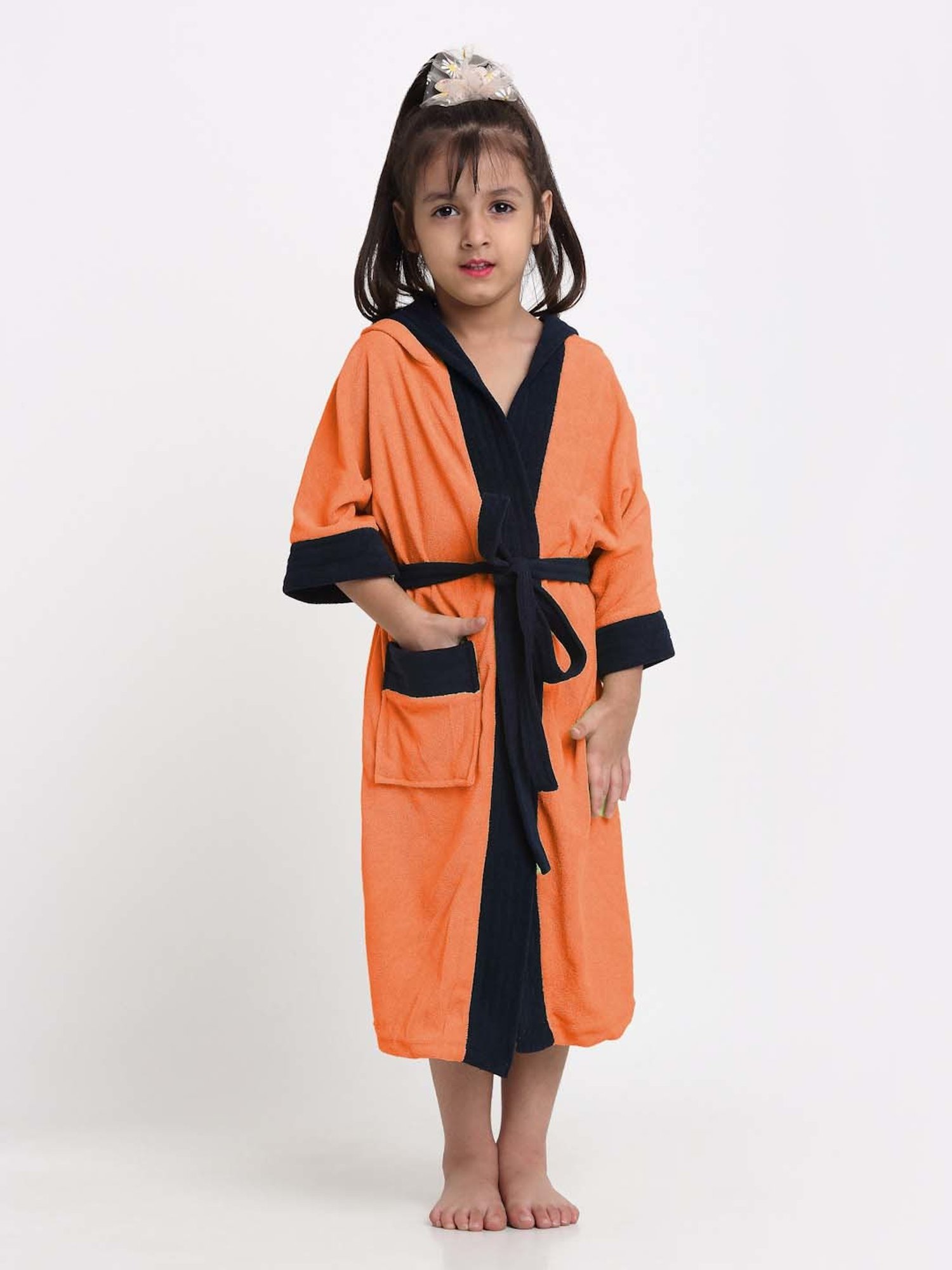 Creeva Melodious Black & Turkish Micro Terry 225 GSM Kids Hooded Bathrobe 4-5 Years With Pocket