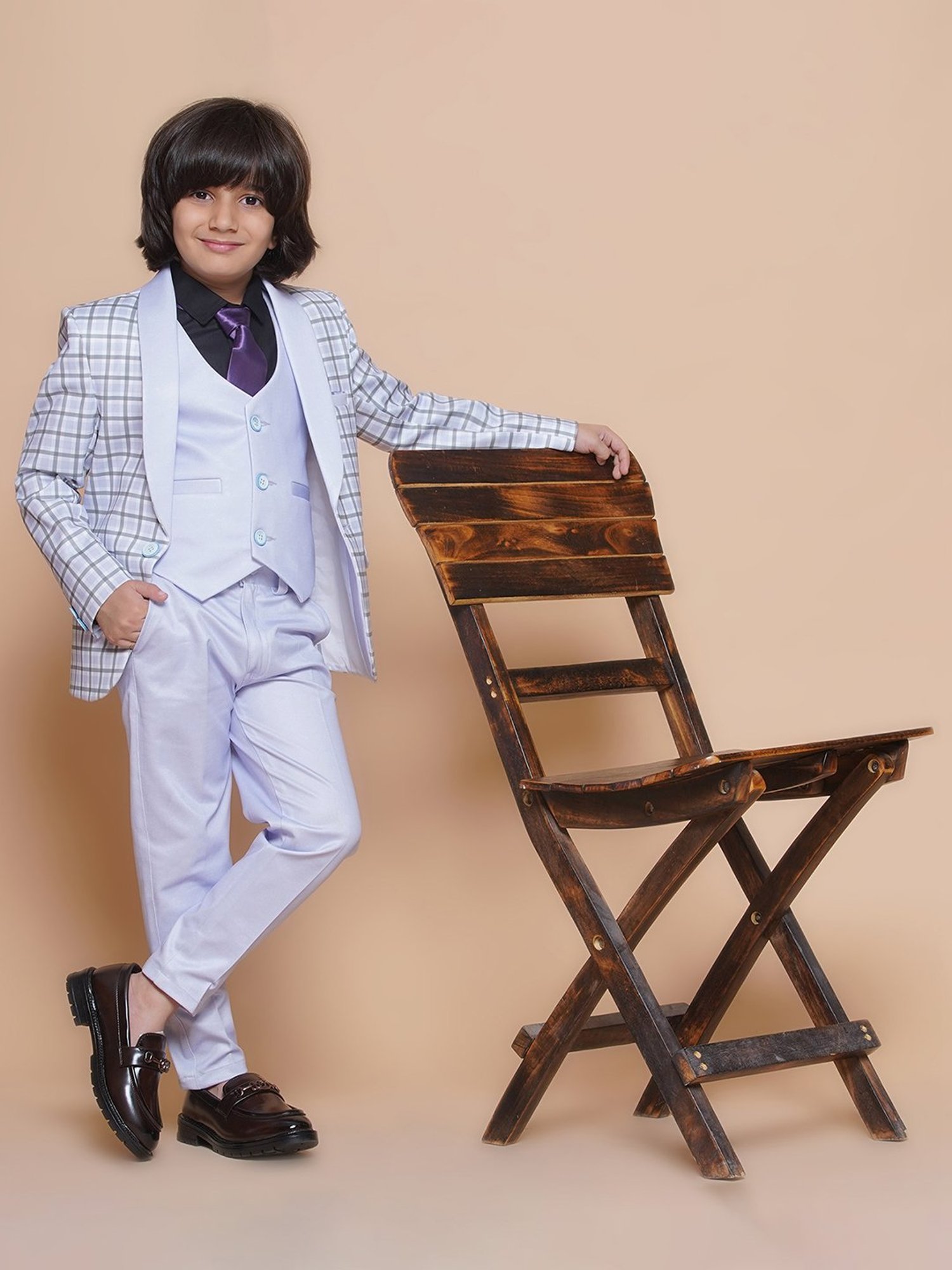 AJ Dezines Kids Blue Checks Full Sleeves Shirt, Pants, Coat, Waistcoat with Tie