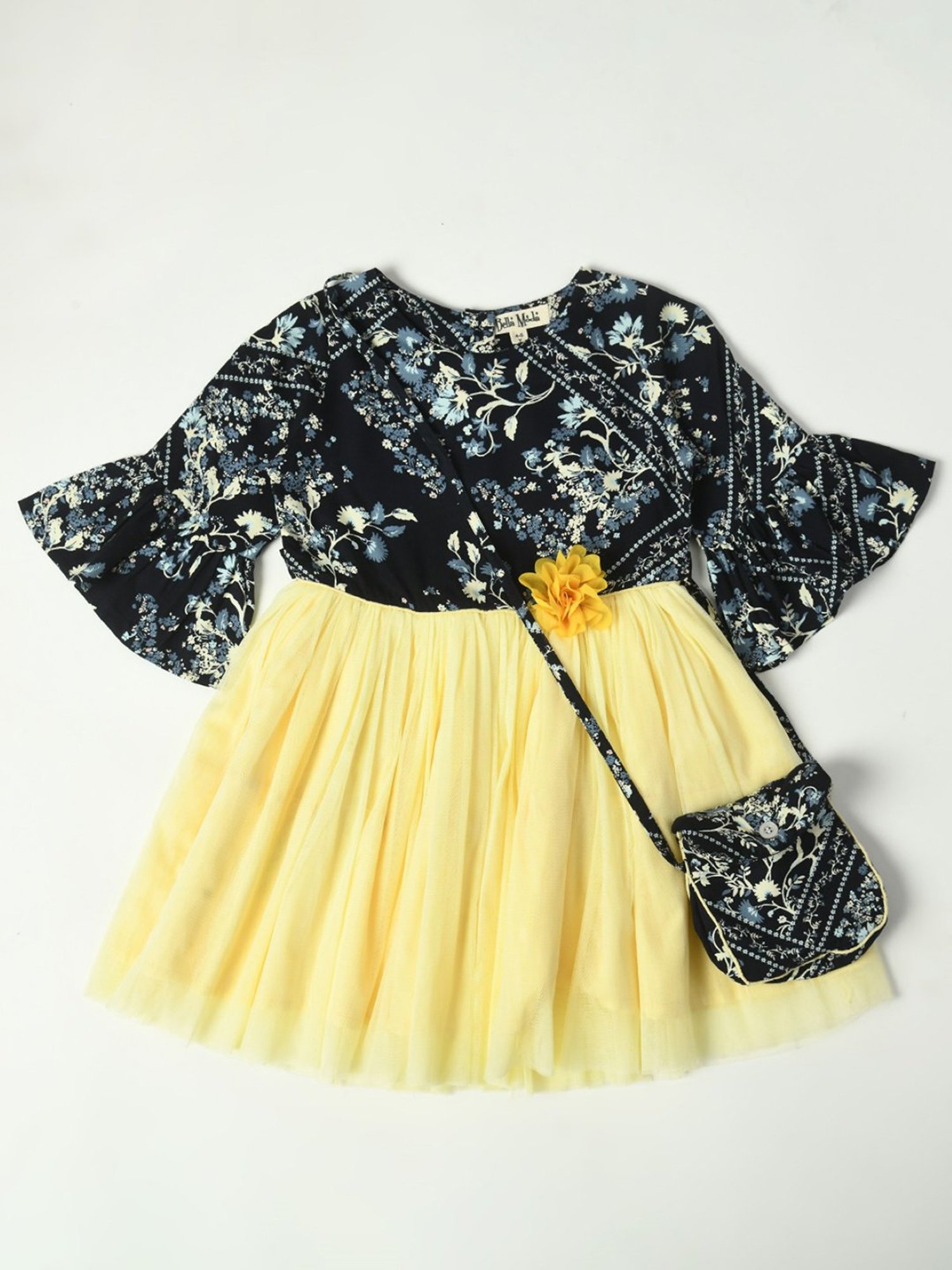 Bella Moda Kids Navy & Yellow Floral Print Fit & Flare Dress with Bag